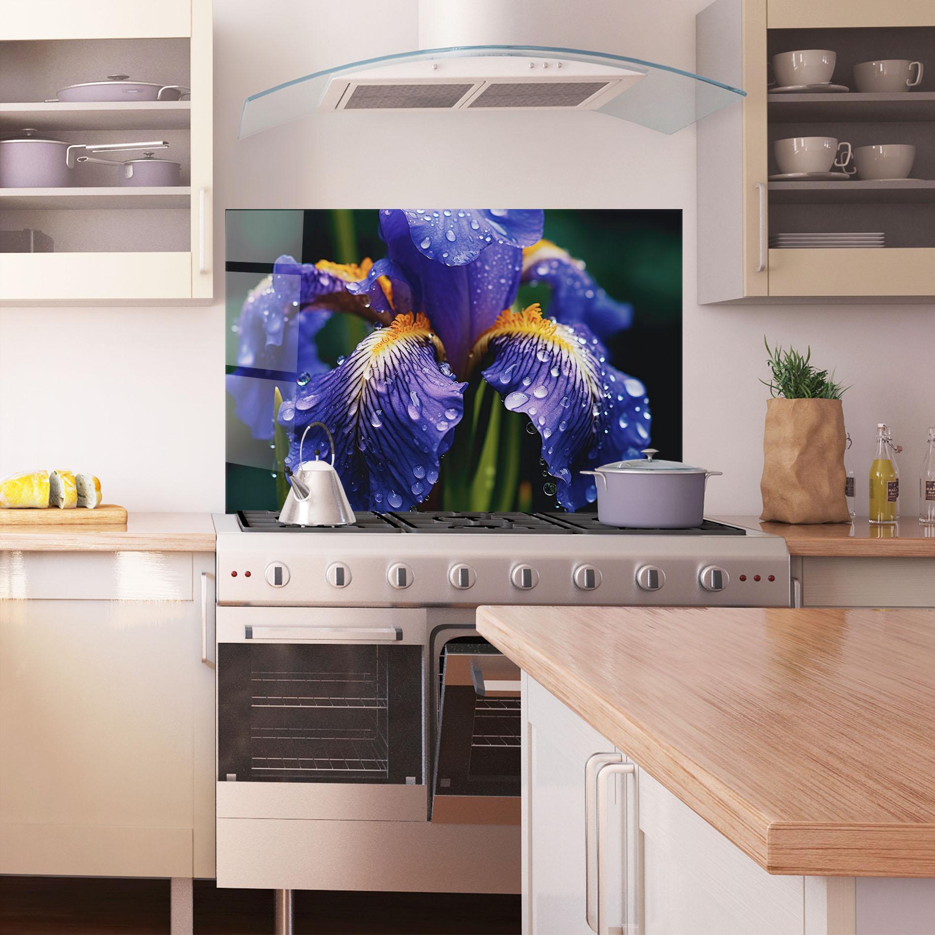 Стъклен панел за кухня Iris Close Up Aftrer Rain mockup 1
