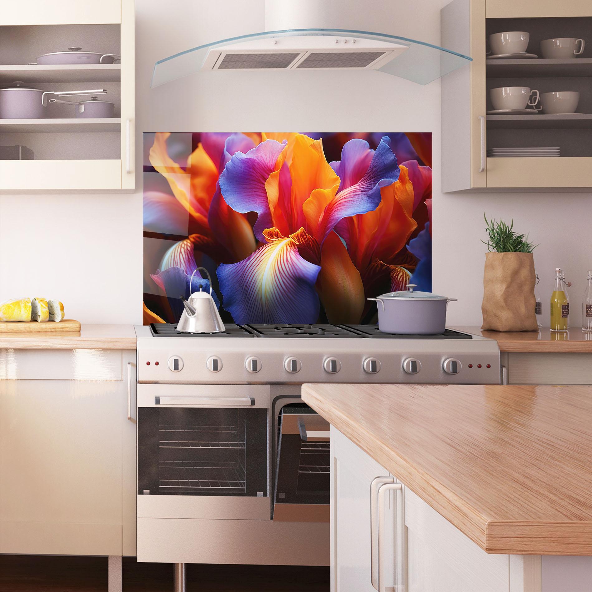 Стъклен панел за кухня Orange Purple Iris mockup 1