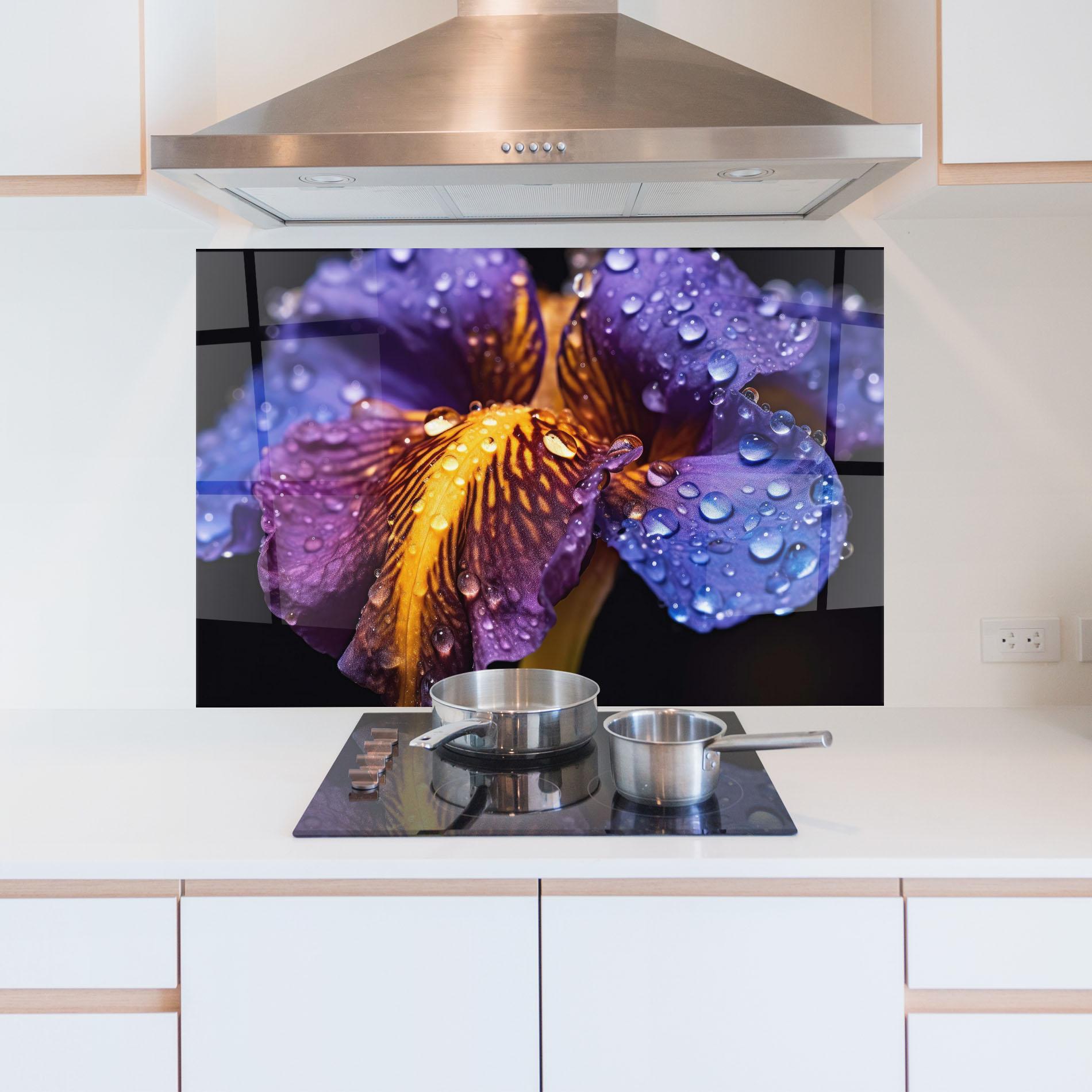 Стъклен панел за кухня Close Up Iris After Rain mockup 5