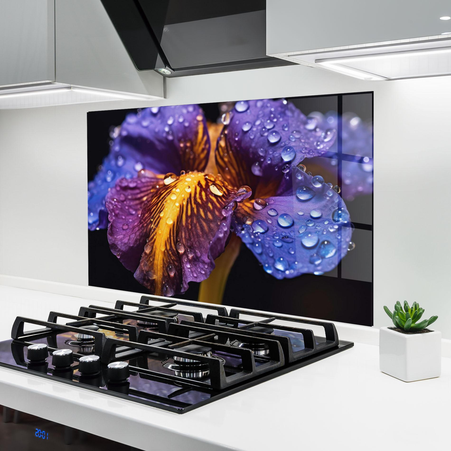 Стъклен панел за кухня Close Up Iris After Rain mockup 6