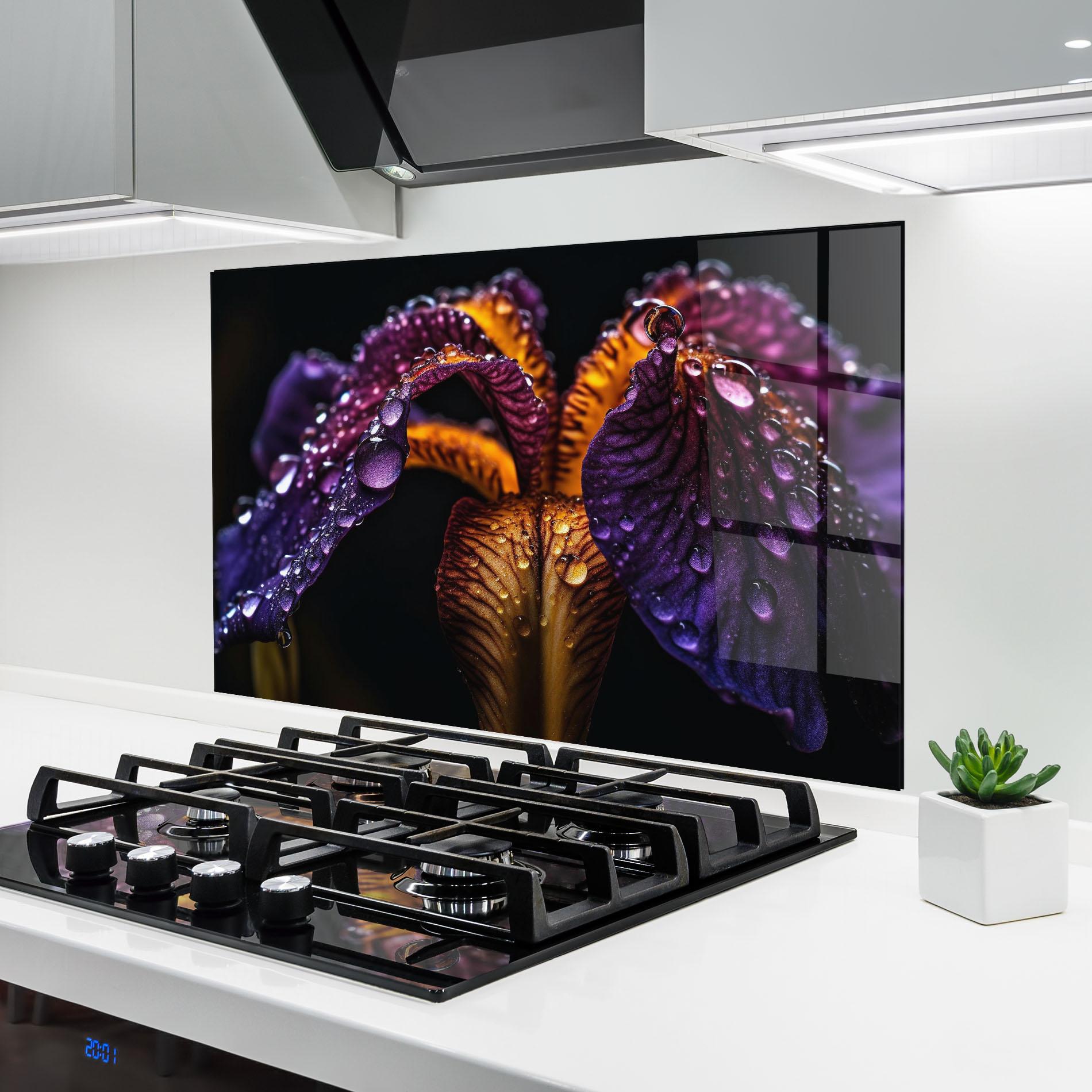 Стъклен панел за кухня Dark Iris After Rain mockup 6
