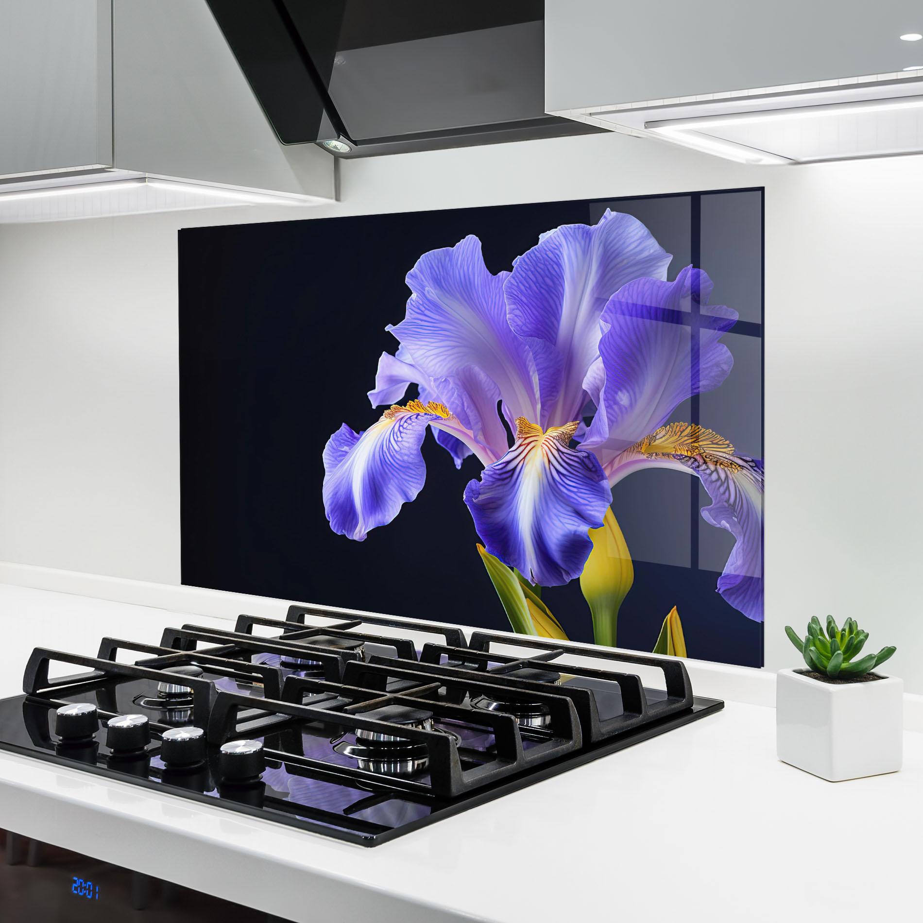 Стъклен панел за кухня Purple Iris On Black mockup 6