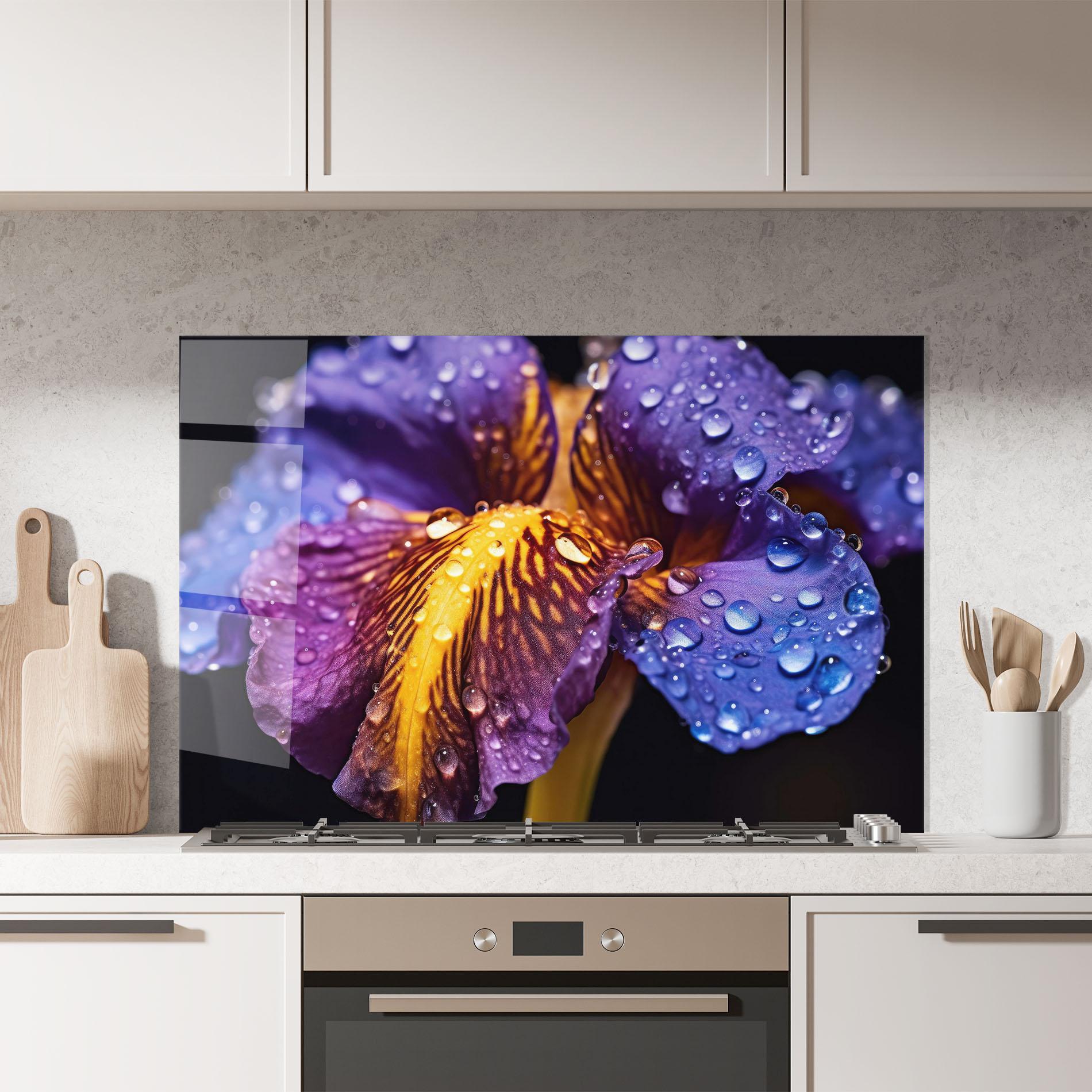 Стъклен панел за кухня Close Up Iris After Rain mockup 7