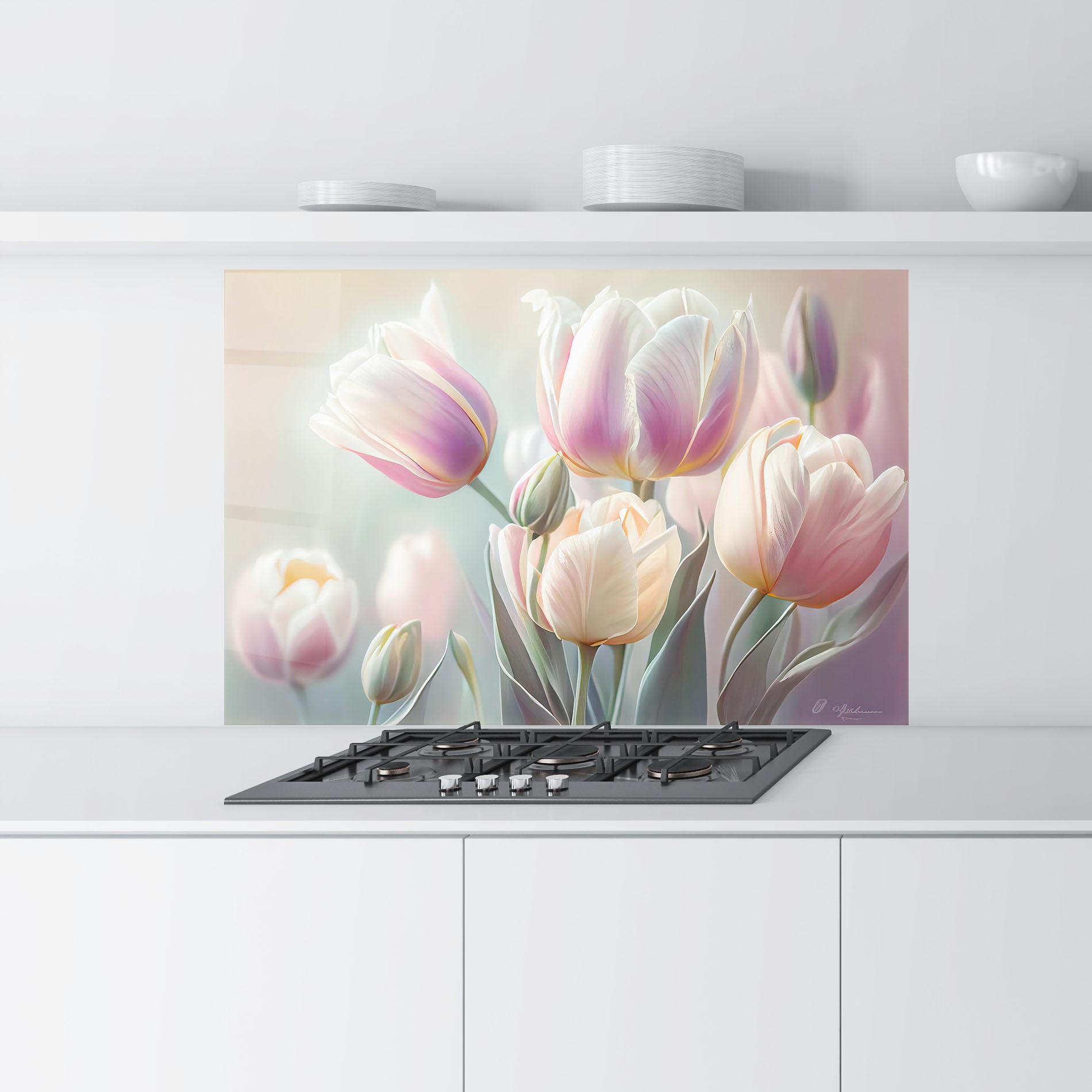 Стъклен панел за кухня Dreamy White Tulips mockup 9