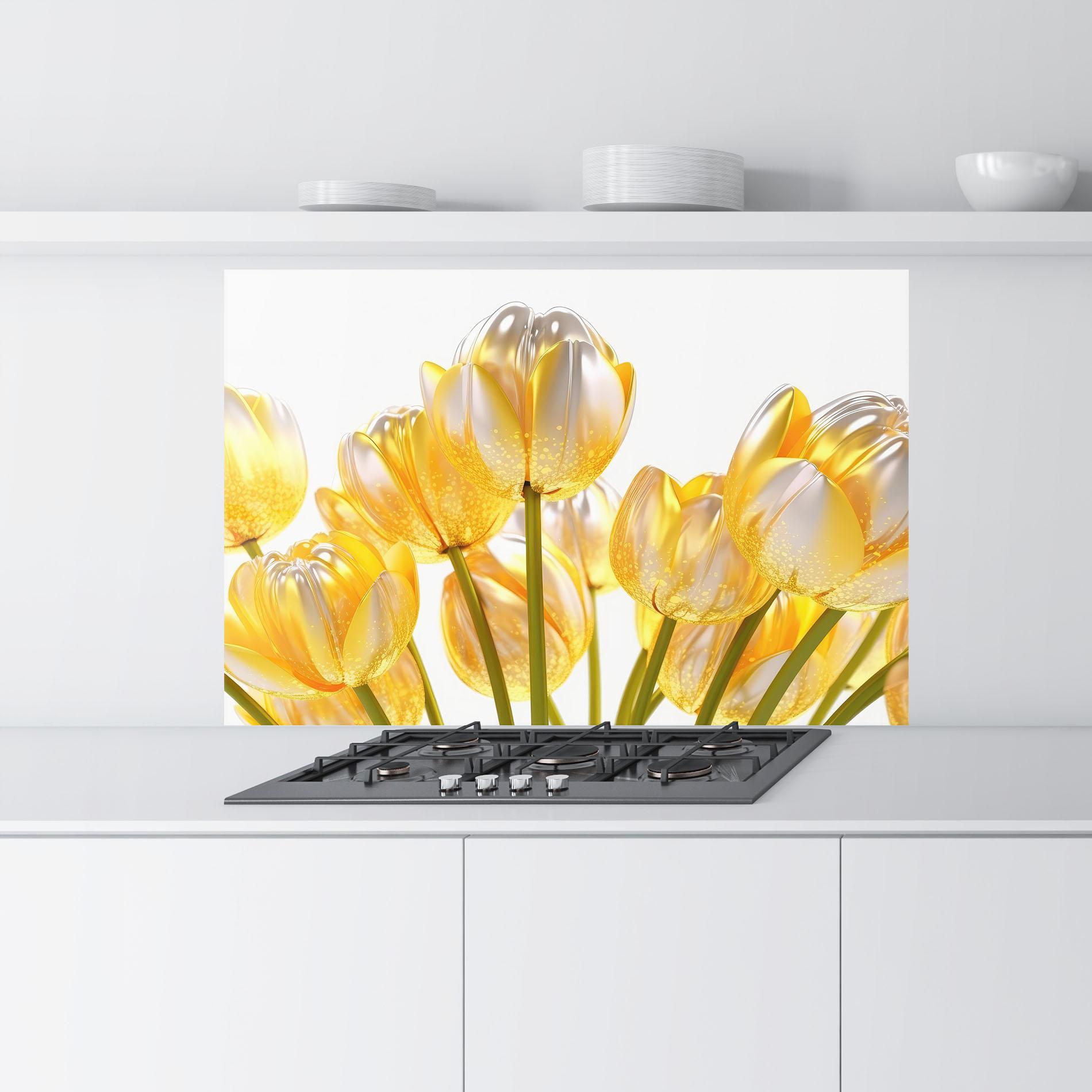 Стъклен панел за кухня Gold White Tulips mockup 9