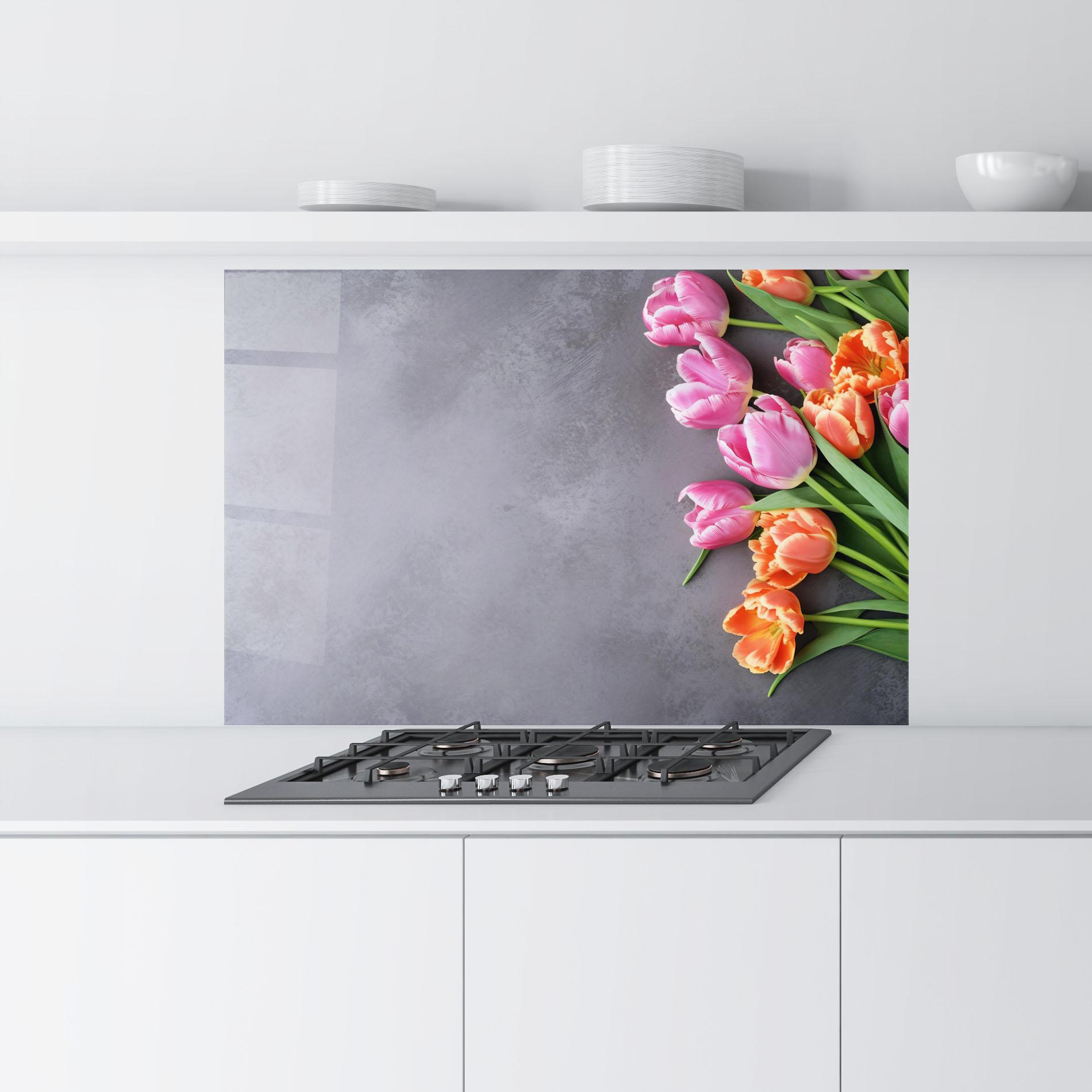 Стъклен панел за кухня Light Orange Pink Tulips mockup 9