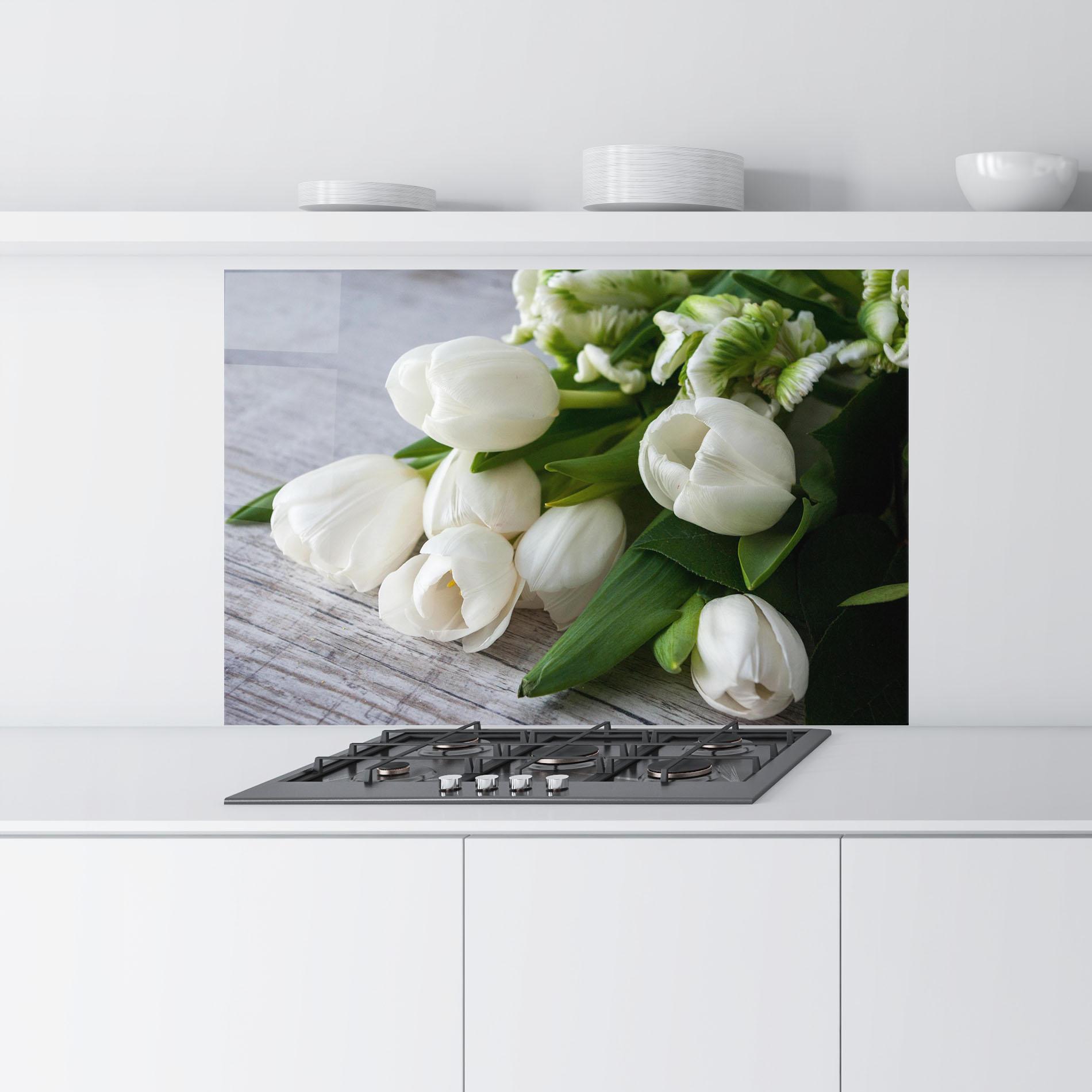 Стъклен панел за кухня White Tulips Bouquet mockup 9