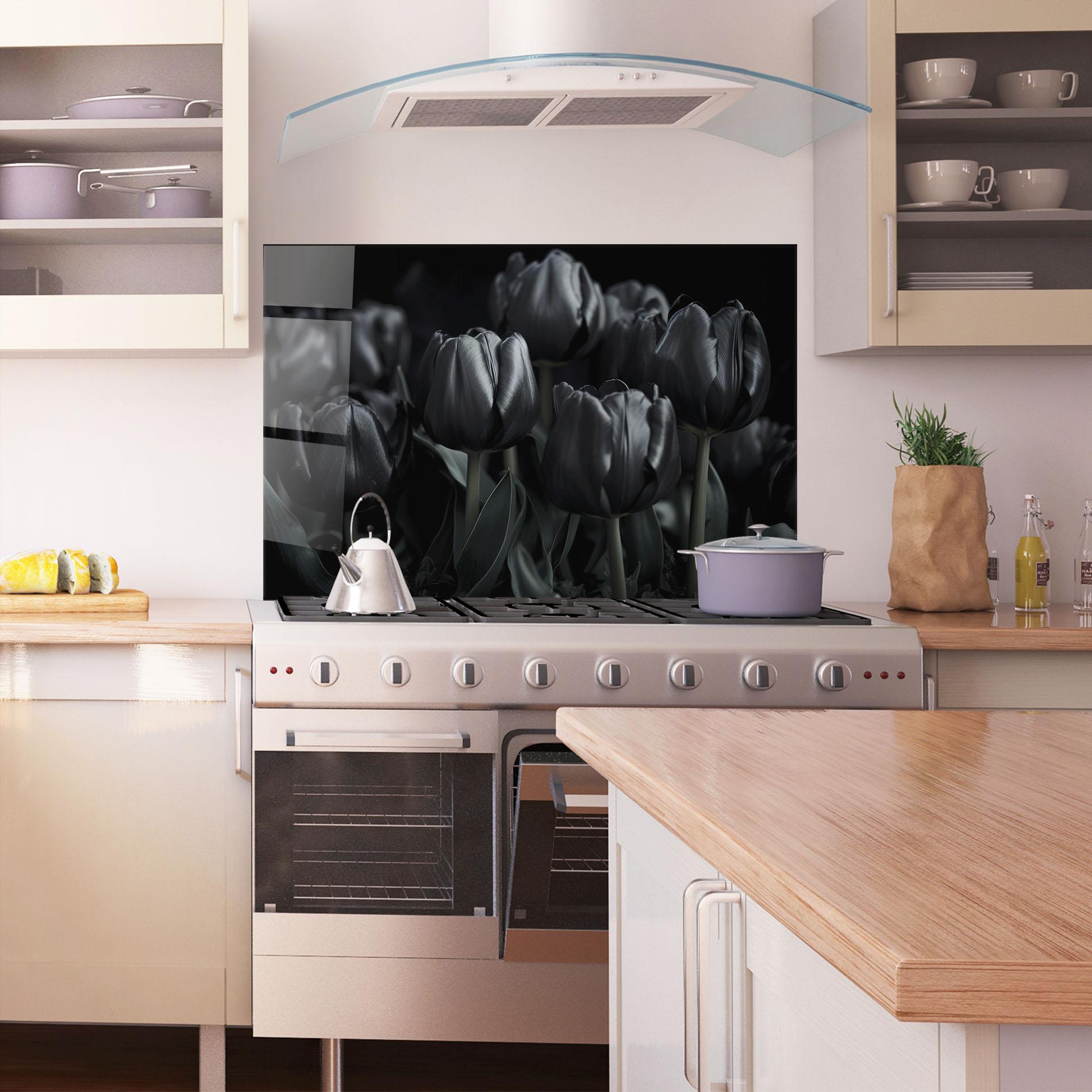 Стъклен панел за кухня Black Tulips mockup 1