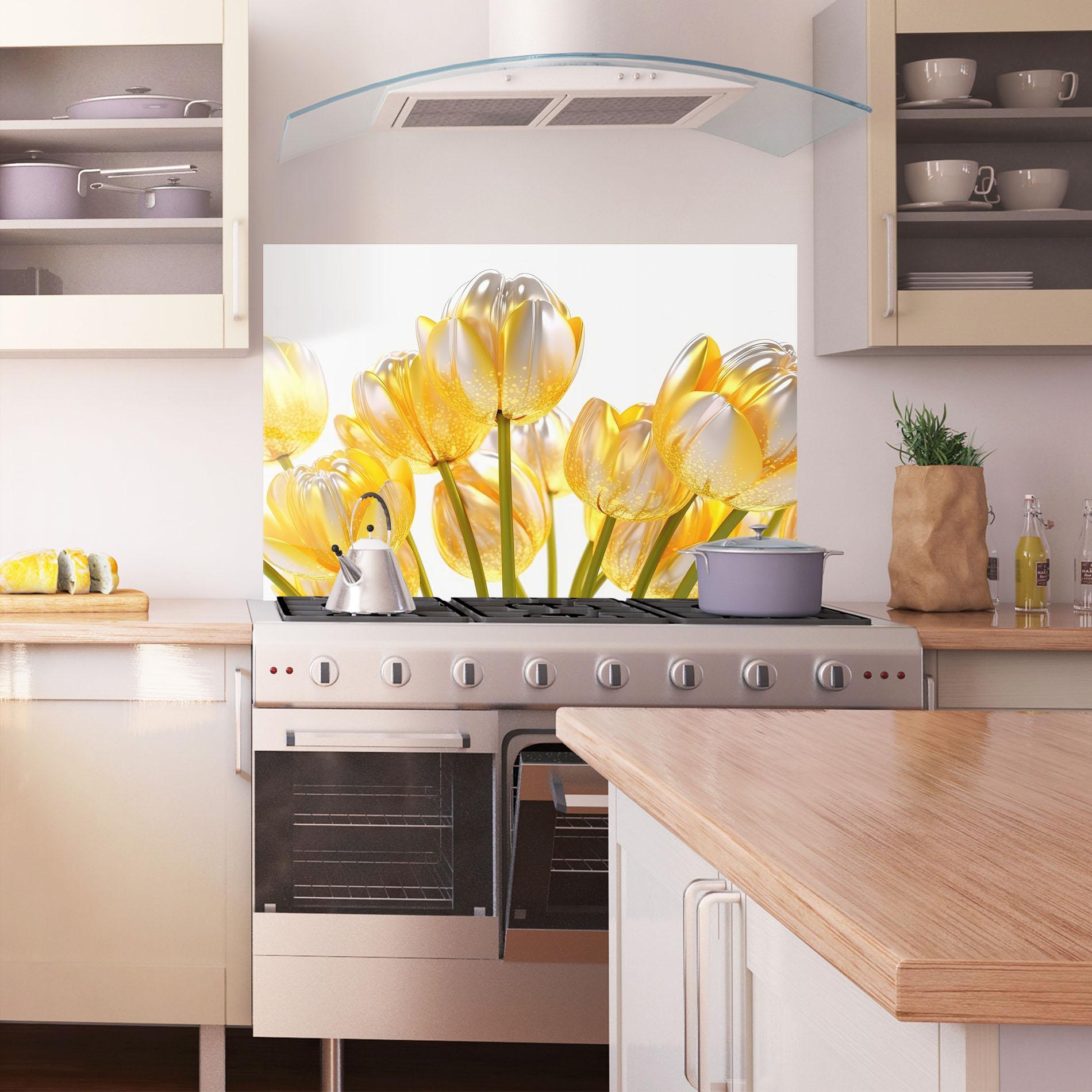 Стъклен панел за кухня Gold White Tulips mockup 1