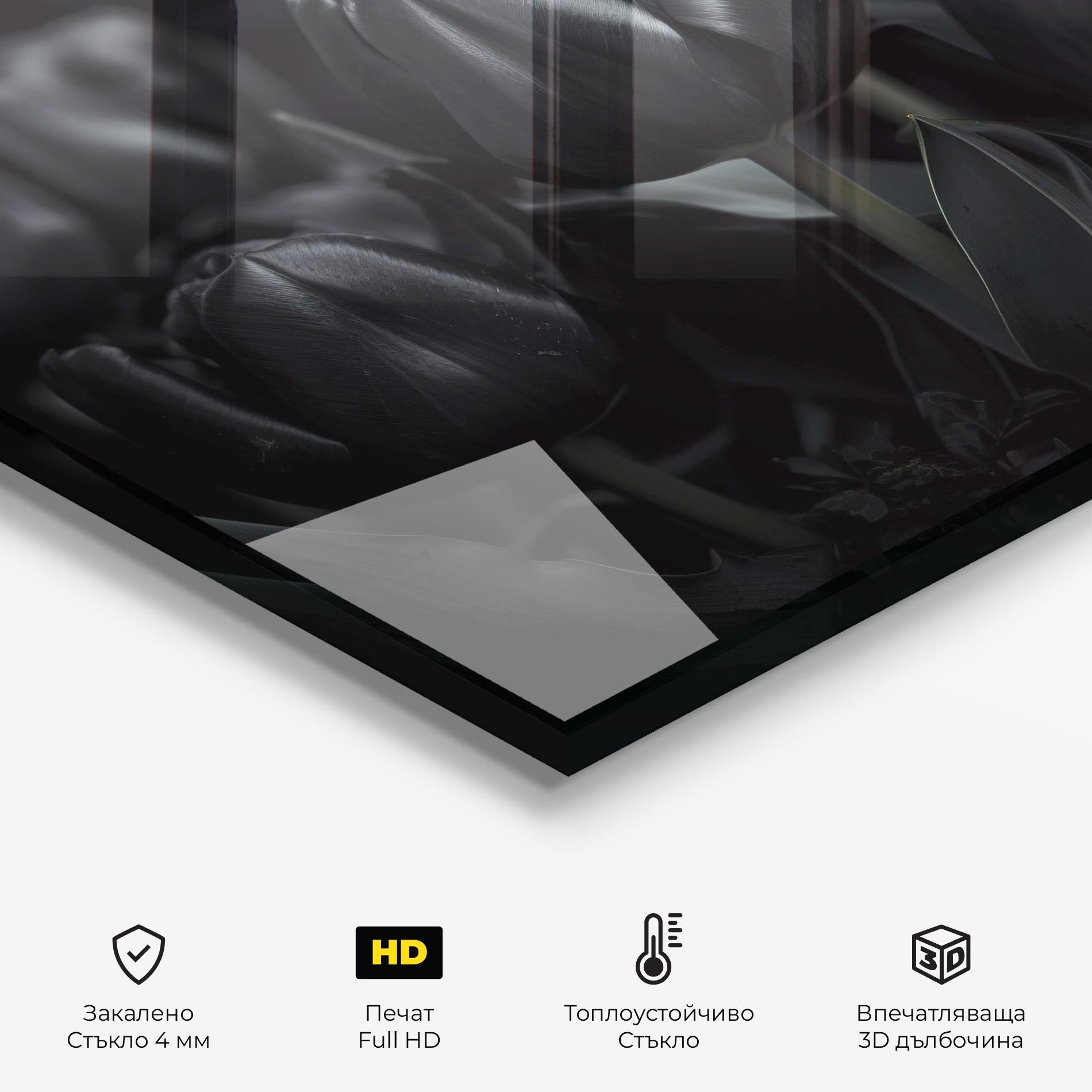 Стъклен панел за кухня Black Tulips mockup 2