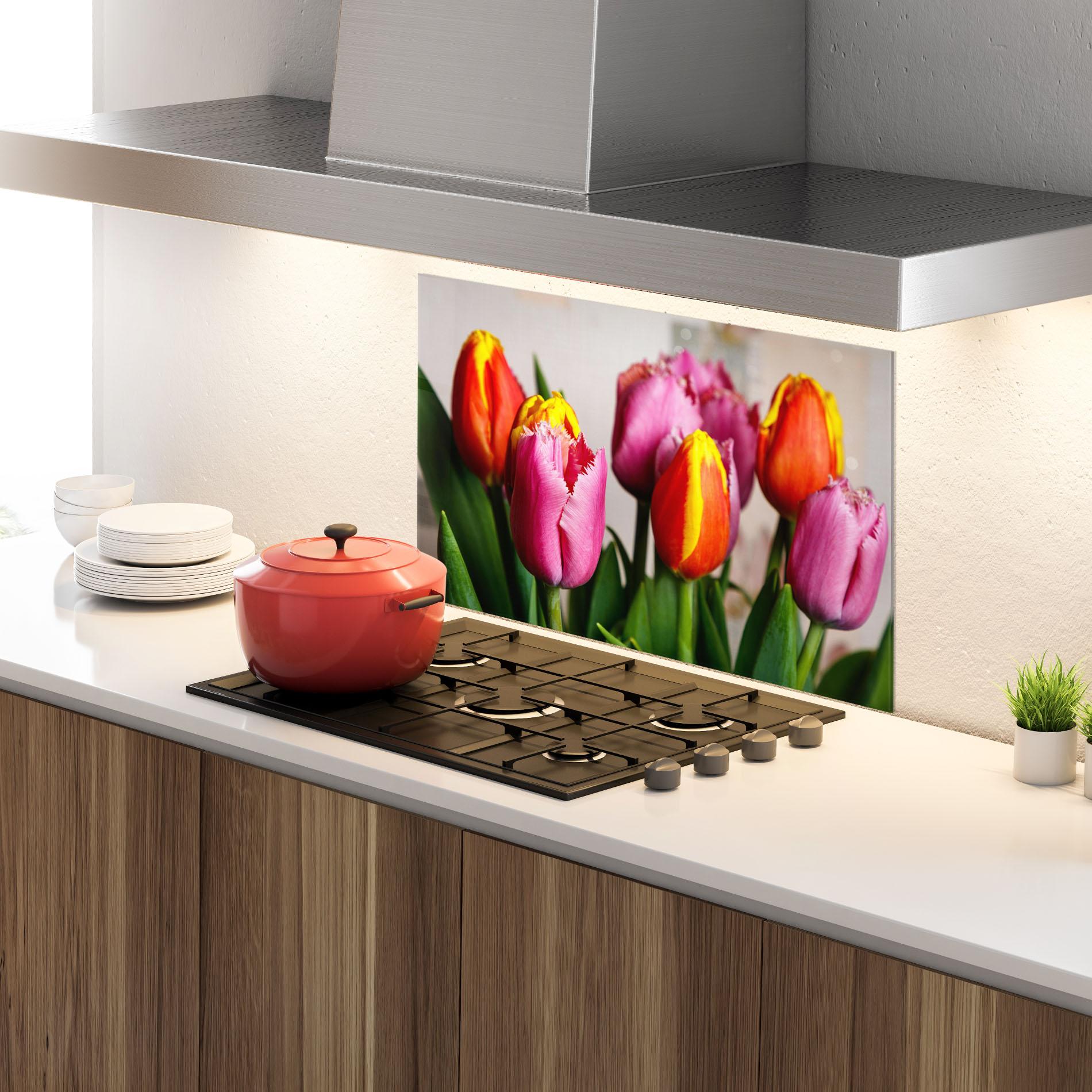 Стъклен панел за кухня Pink Orange Tulips mockup 4