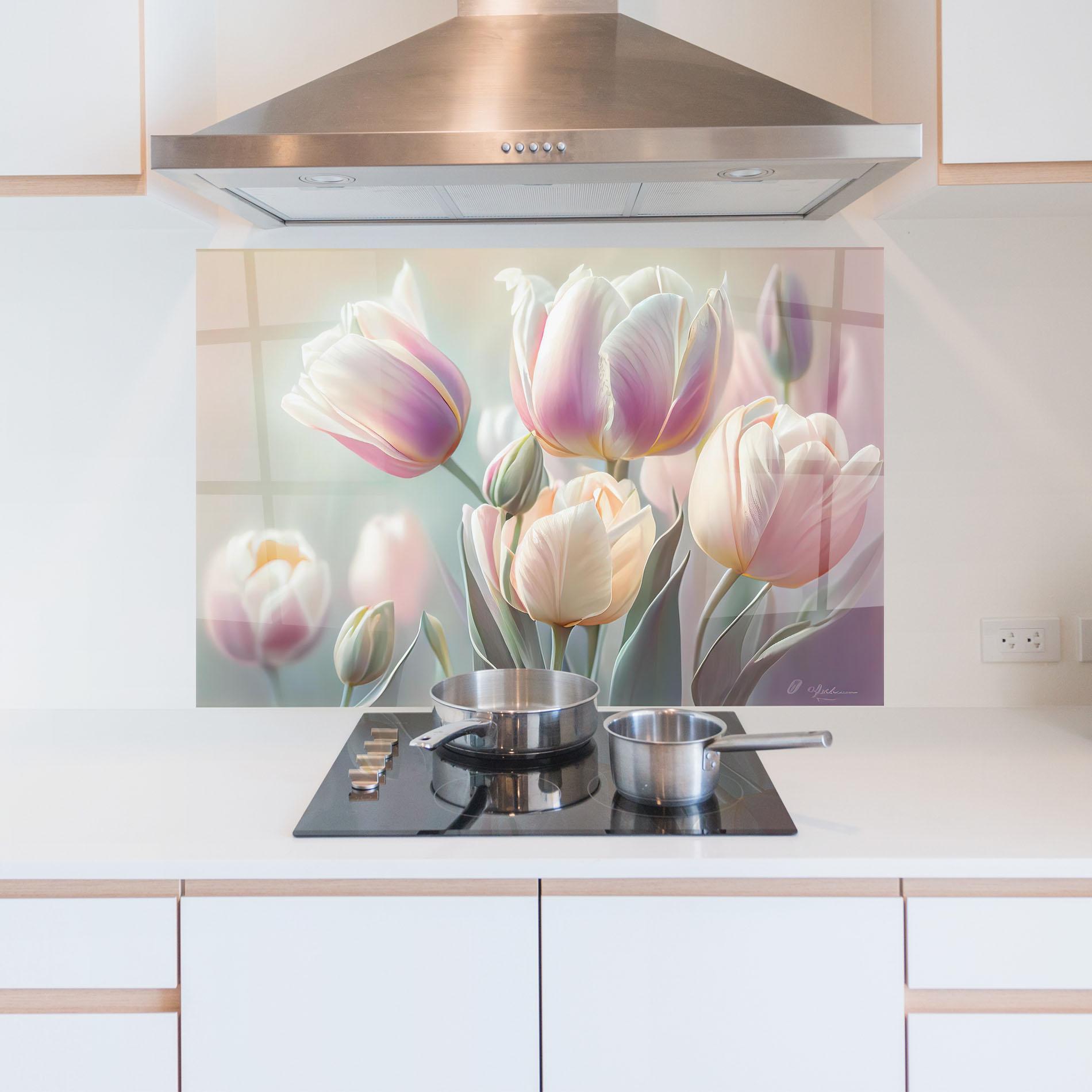 Стъклен панел за кухня Dreamy White Tulips mockup 5