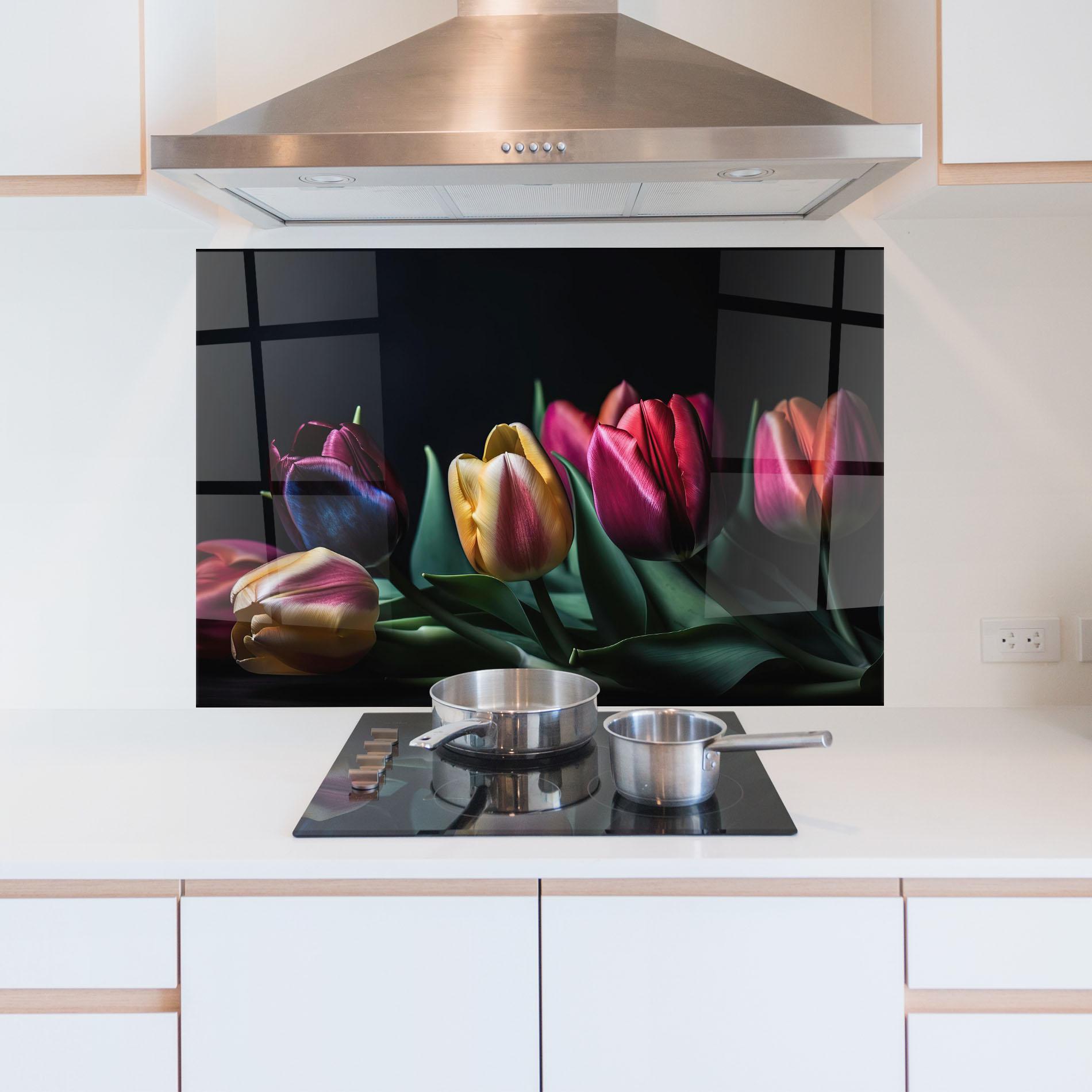 Стъклен панел за кухня Pink Yellow Tulips mockup 5