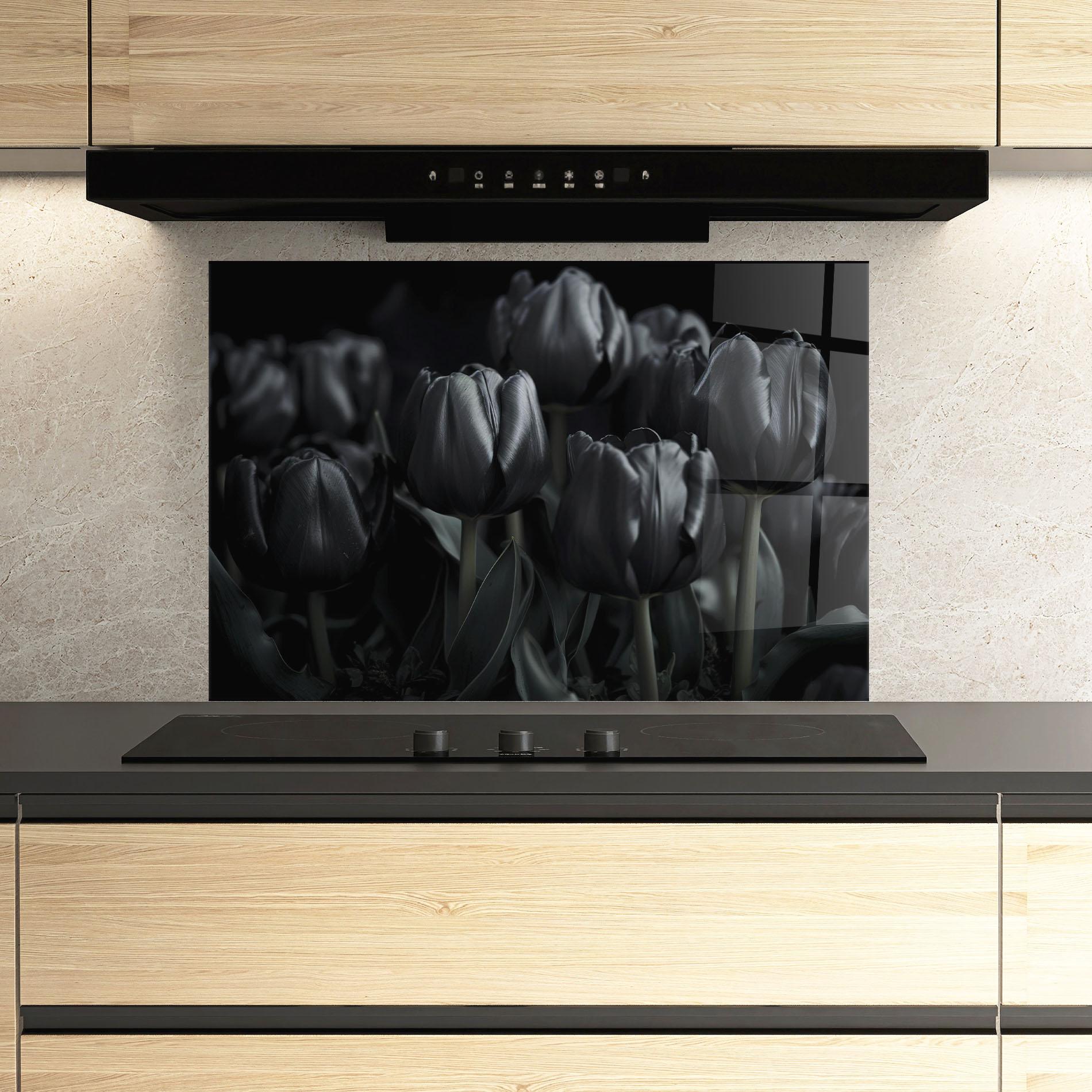 Стъклен панел за кухня Black Tulips mockup 3