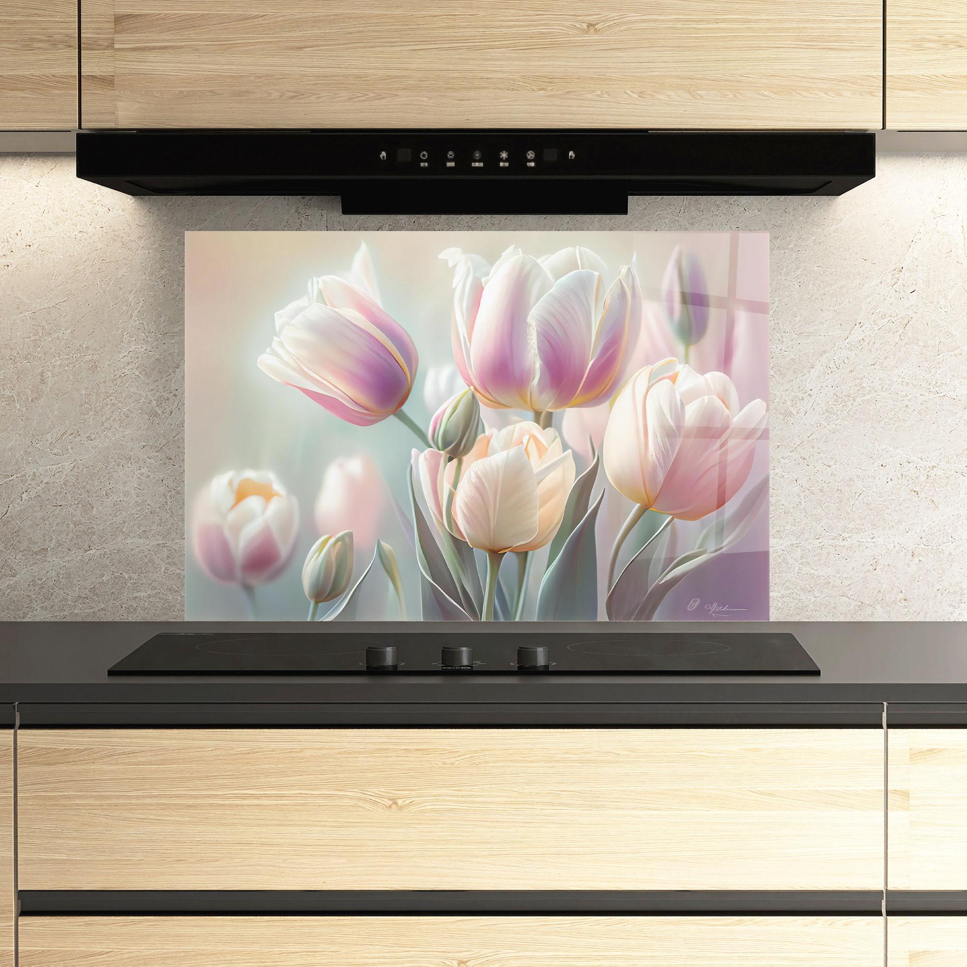 Стъклен панел за кухня Dreamy White Tulips mockup 3