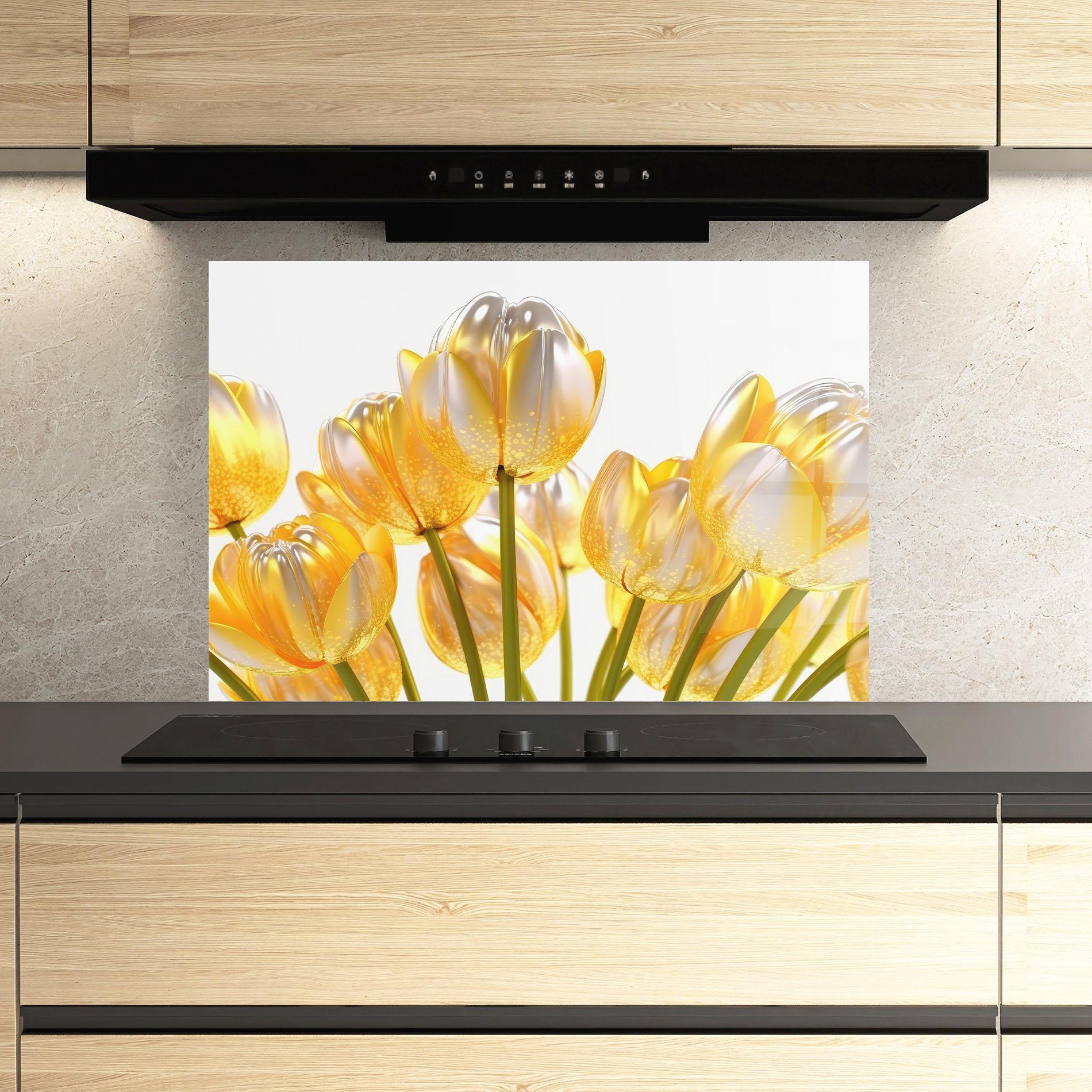 Стъклен панел за кухня Gold White Tulips mockup 3