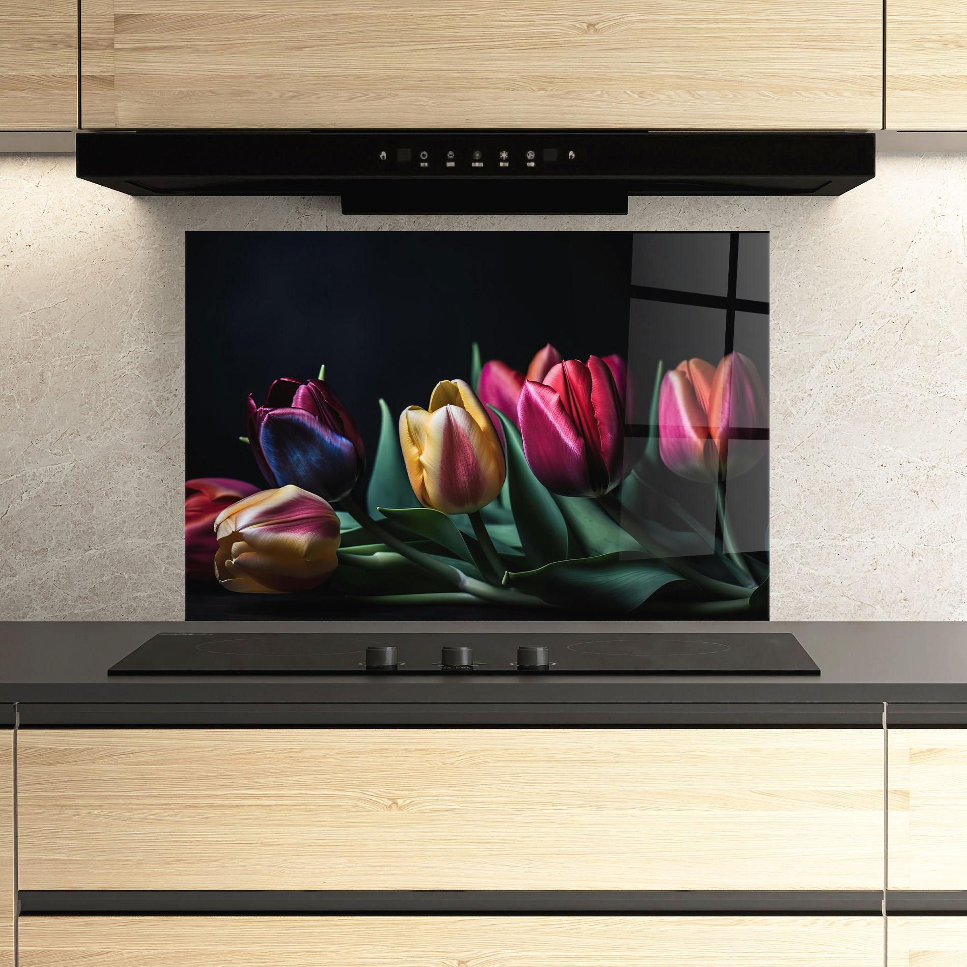 Стъклен панел за кухня Pink Yellow Tulips mockup 3