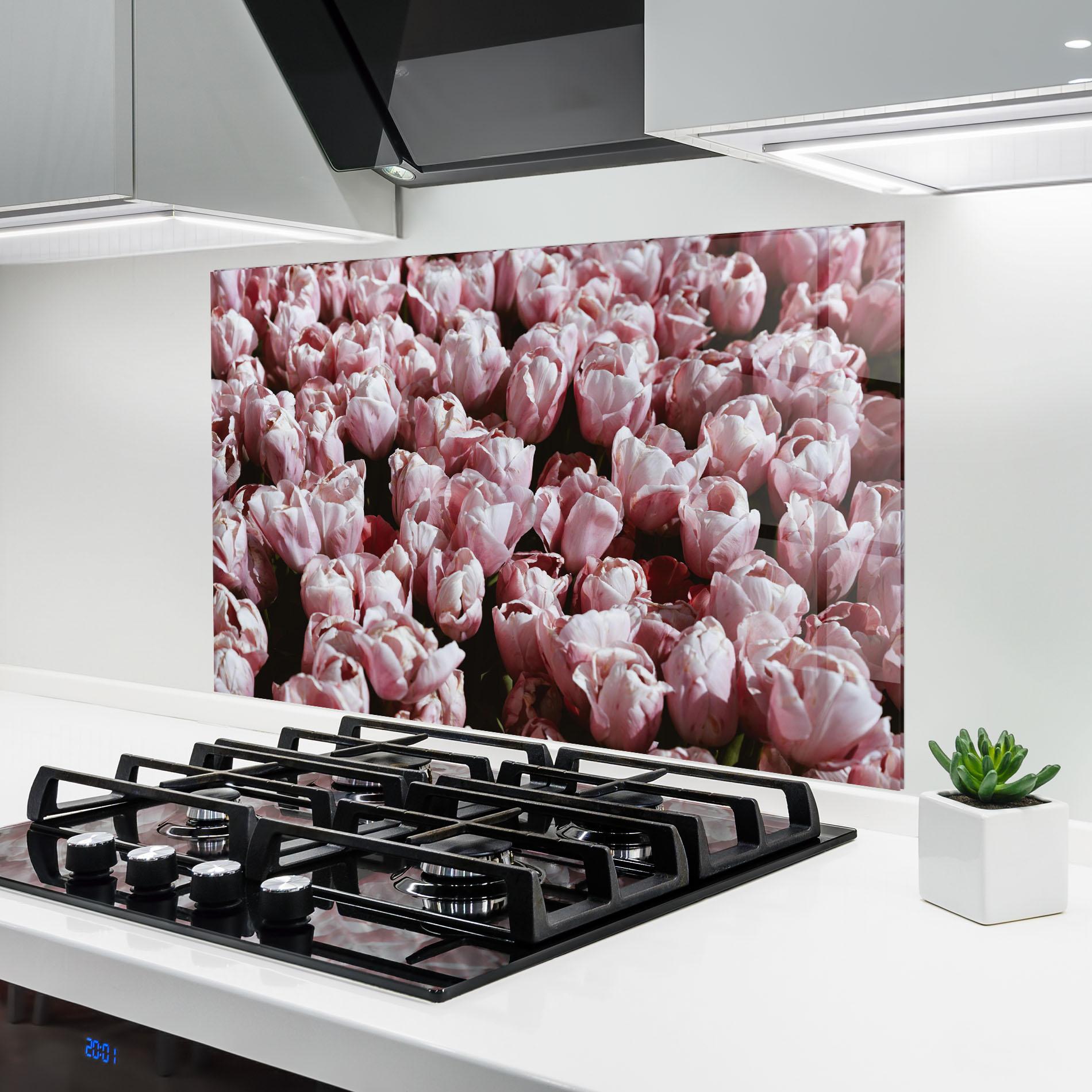 Стъклен панел за кухня Pastel Pink Tulips Wall mockup 6