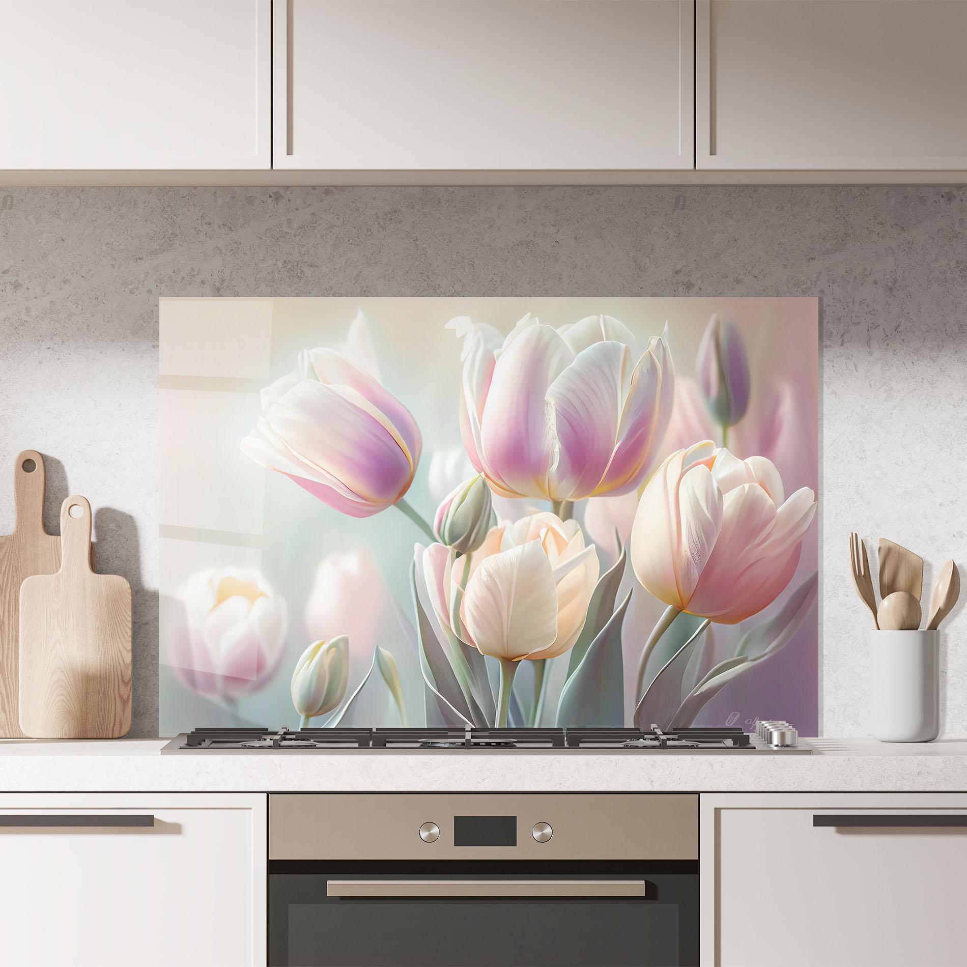 Стъклен панел за кухня Dreamy White Tulips mockup 7