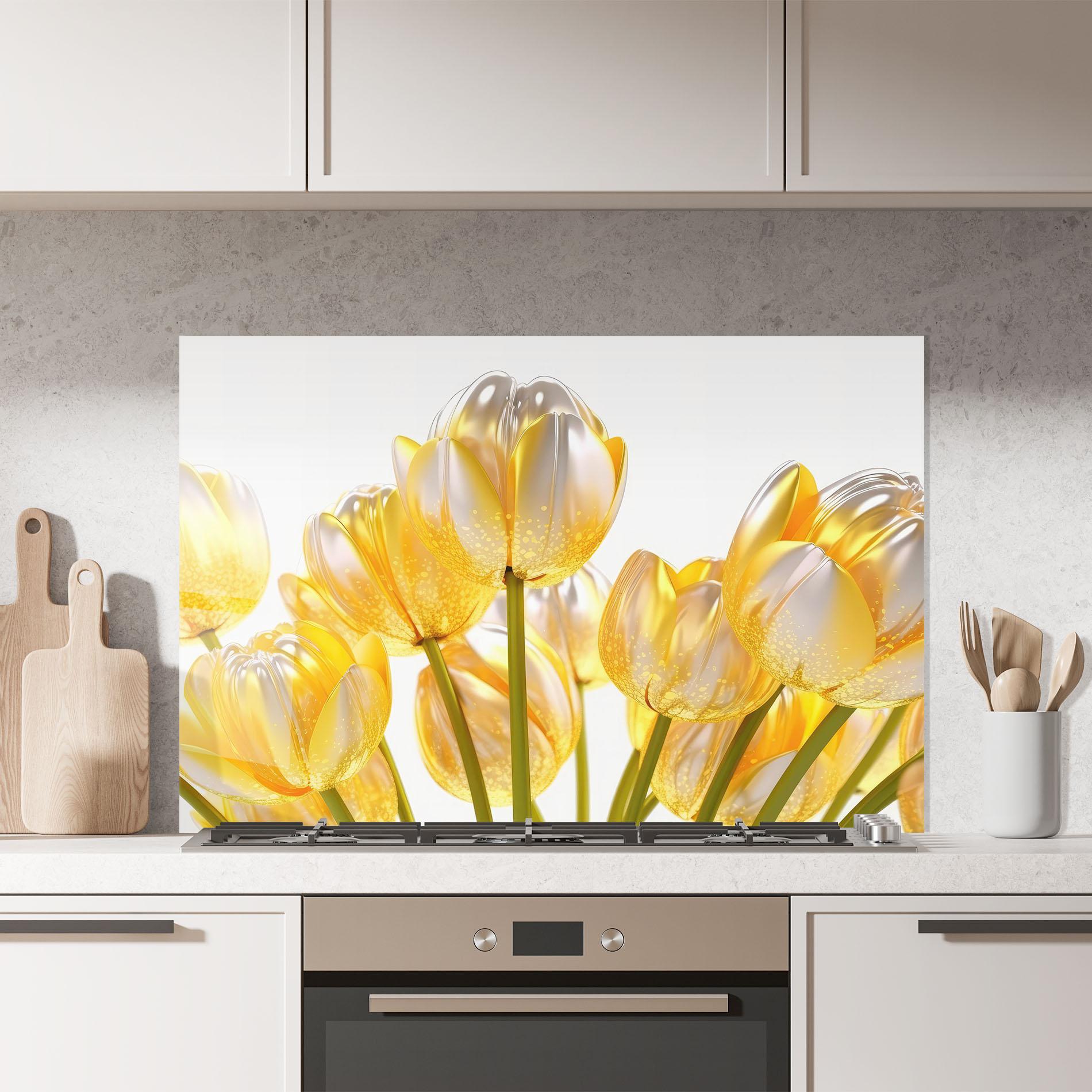 Стъклен панел за кухня Gold White Tulips mockup 7