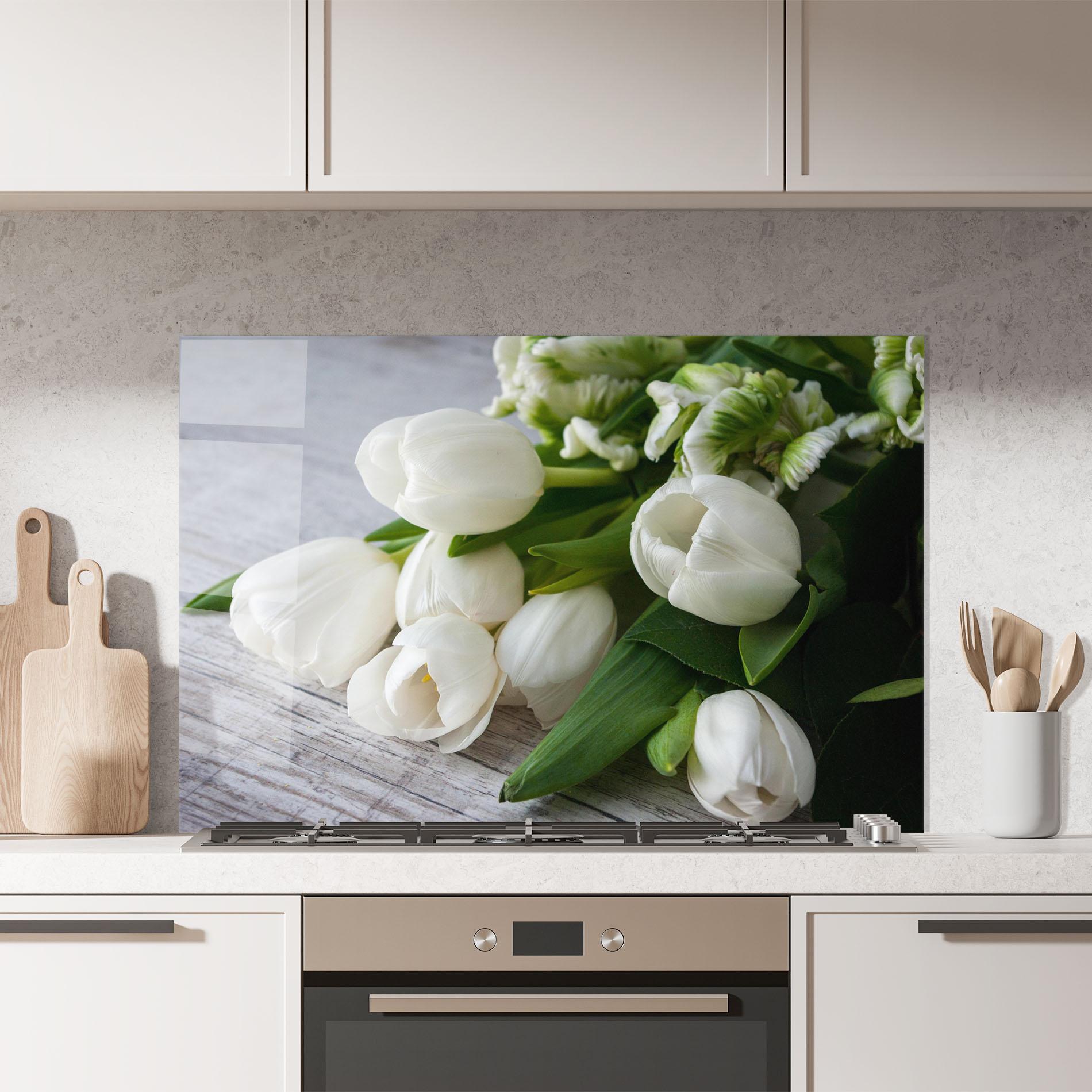 Стъклен панел за кухня White Tulips Bouquet mockup 7