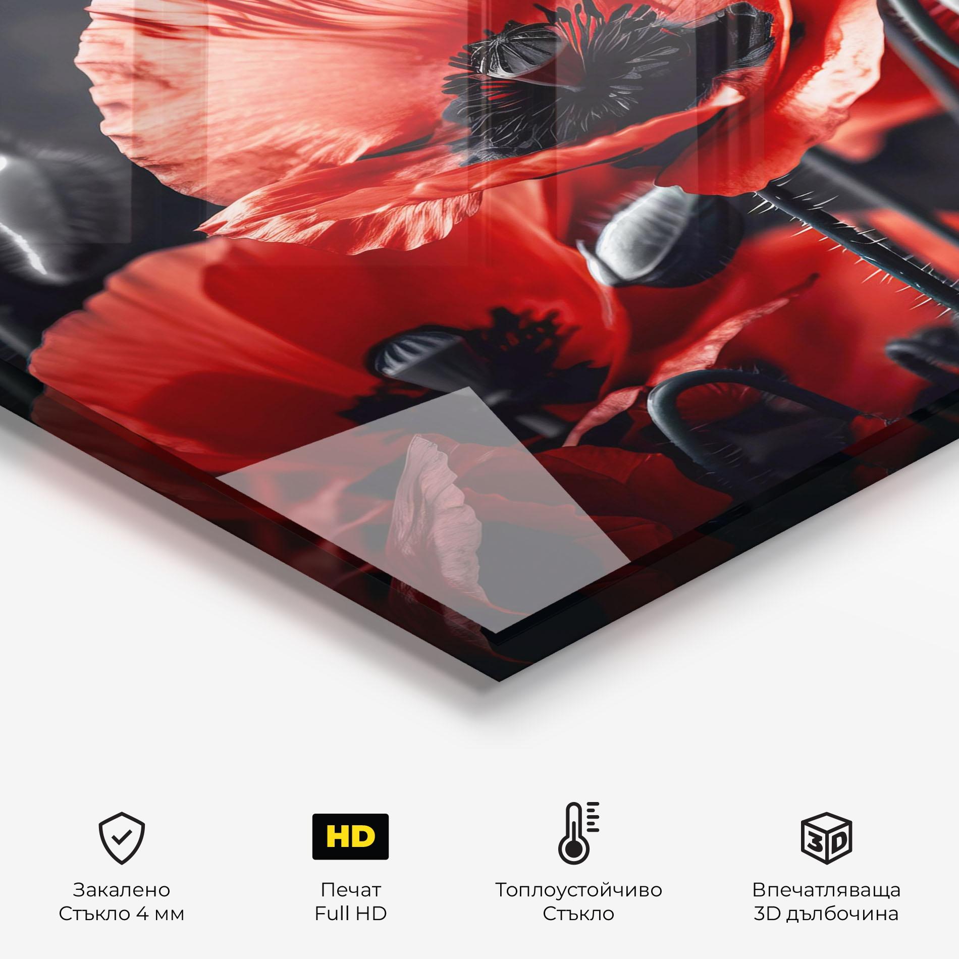 Стъклен панел за кухня Black Red Poppy View mockup 2