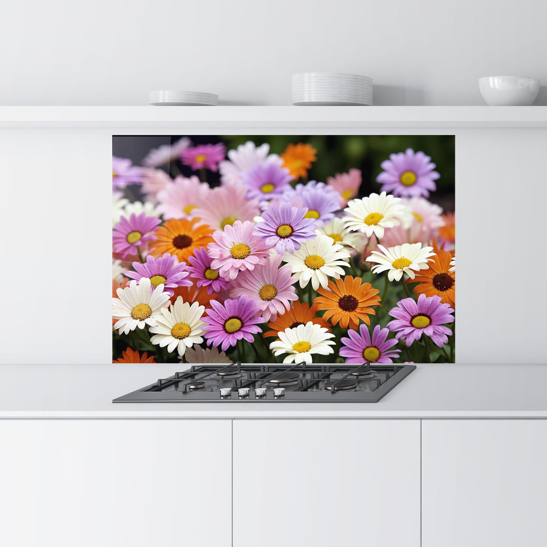 Стъклен панел за кухня Orange Purple Daisy Mix mockup 9