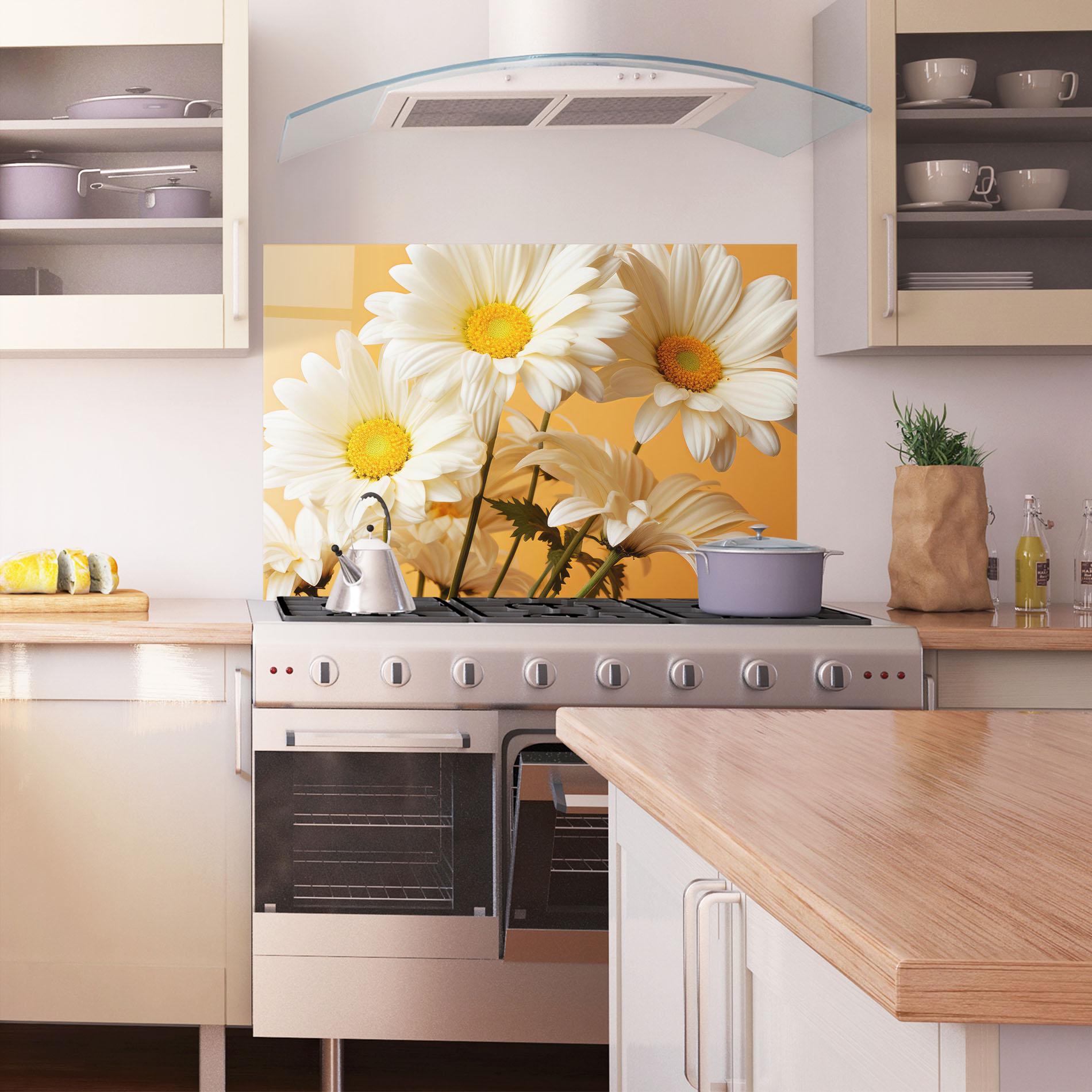 Стъклен панел за кухня Daisy On Orange mockup 1