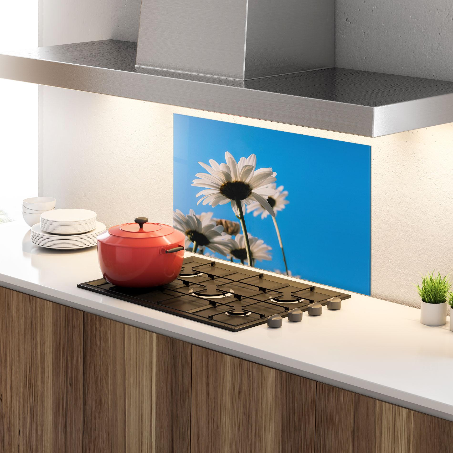 Стъклен панел за кухня Blue Sky Daisy mockup 4