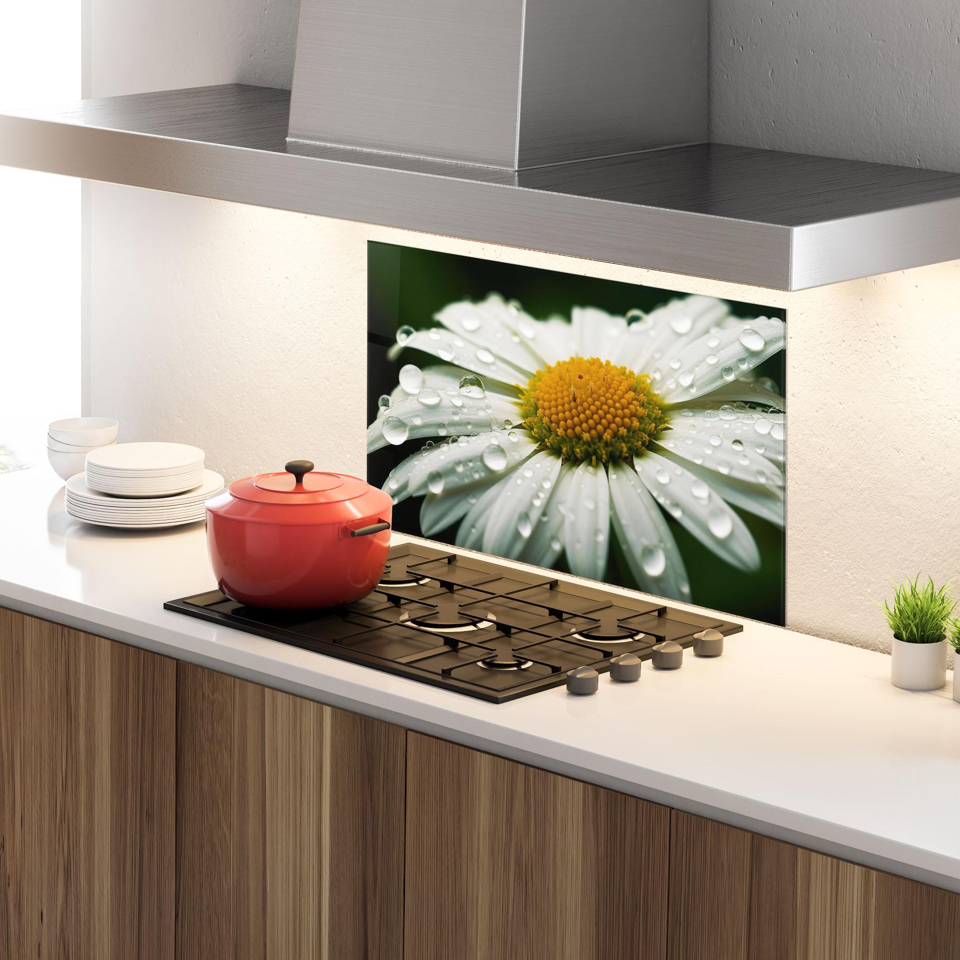 Стъклен панел за кухня Close Up Daisy After Rain mockup 4