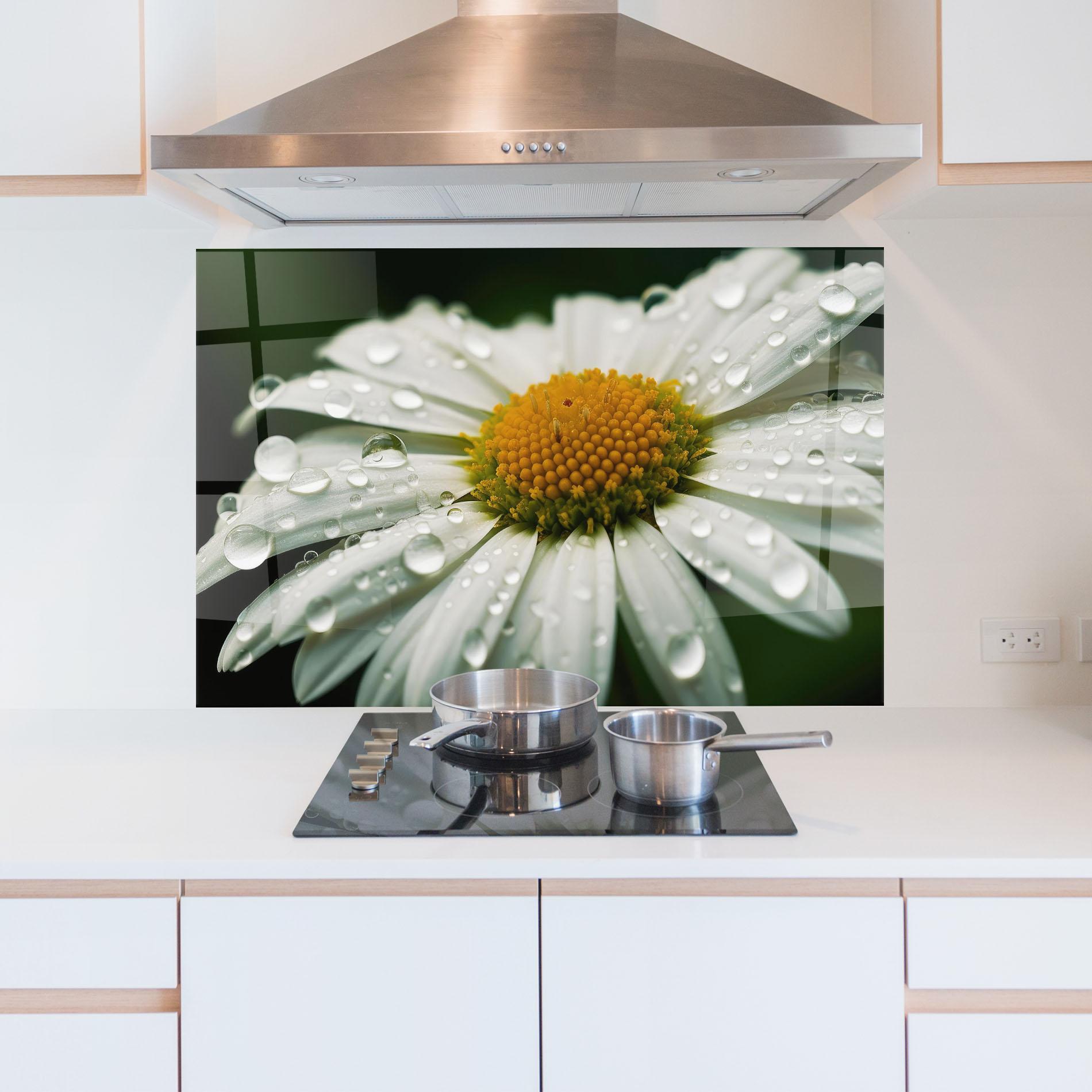 Стъклен панел за кухня Close Up Daisy After Rain mockup 5