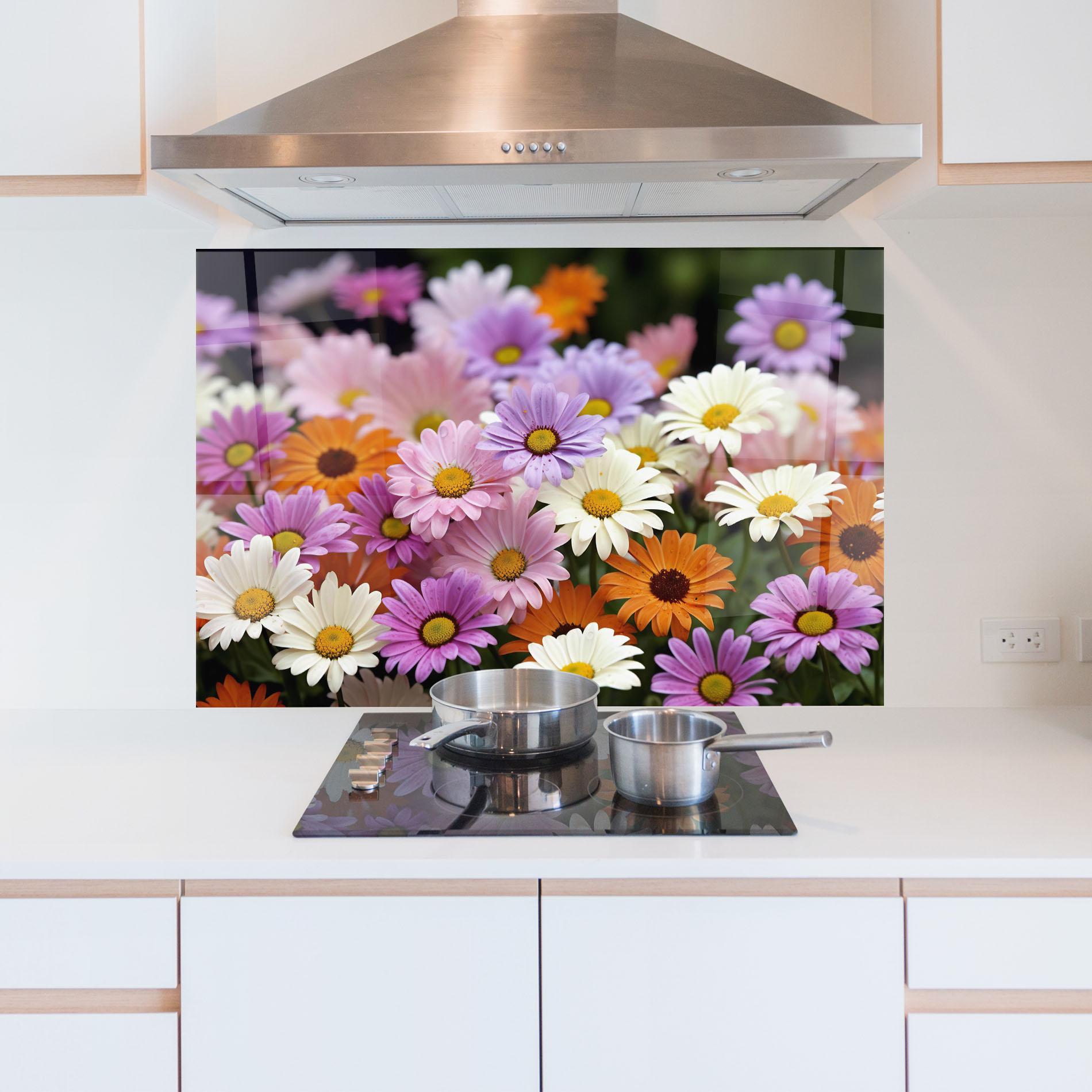 Стъклен панел за кухня Orange Purple Daisy Mix mockup 5