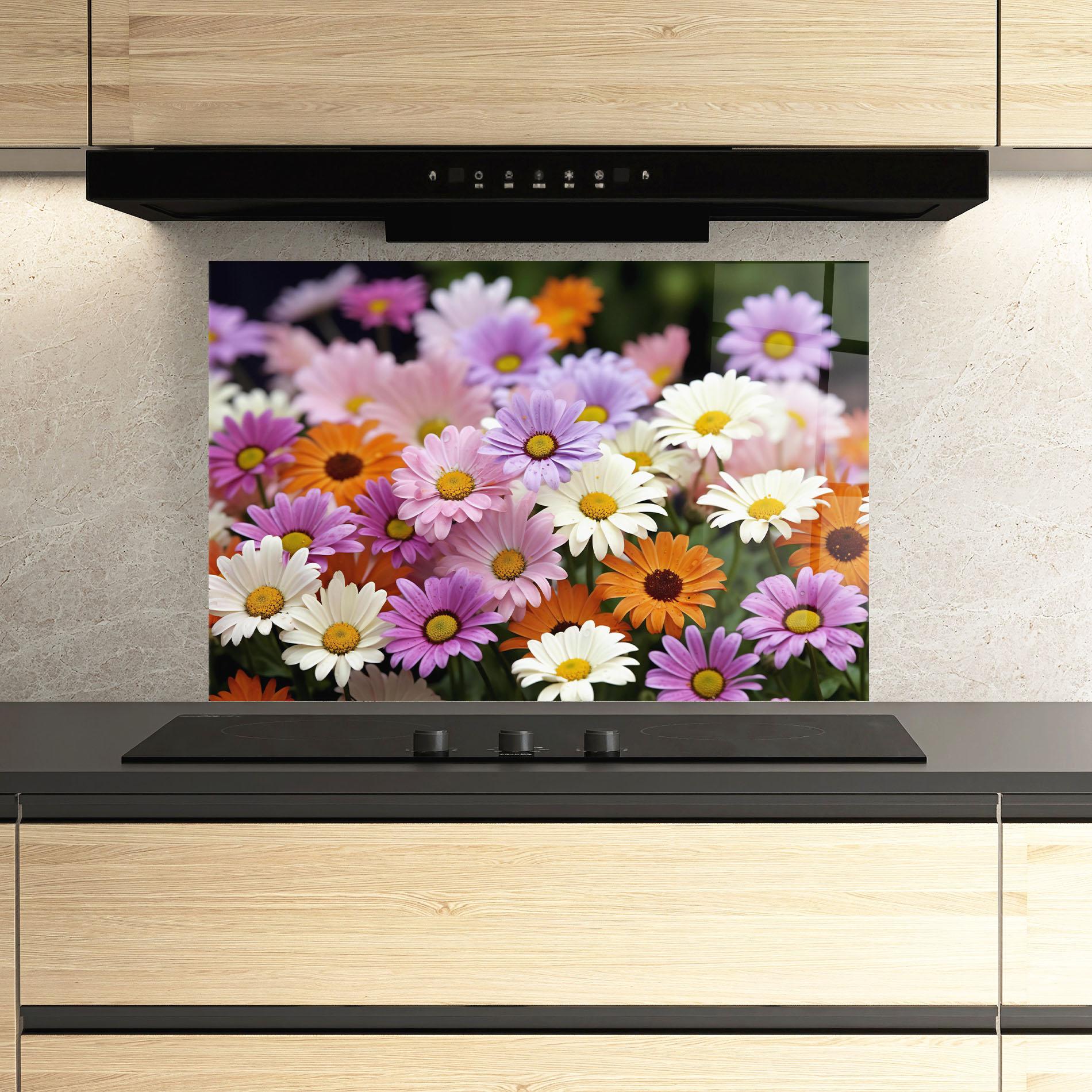 Стъклен панел за кухня Orange Purple Daisy Mix mockup 3