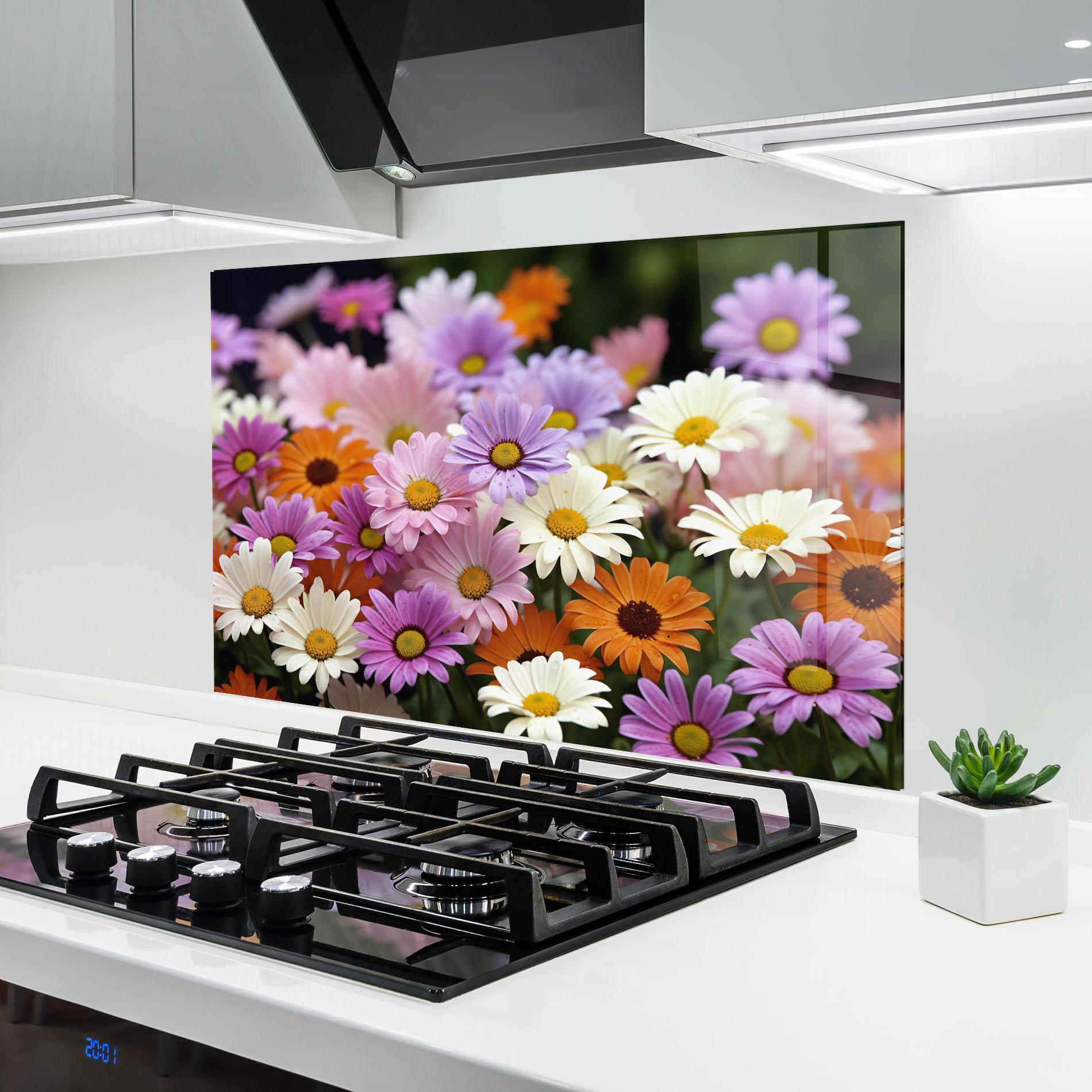 Стъклен панел за кухня Orange Purple Daisy Mix mockup 6