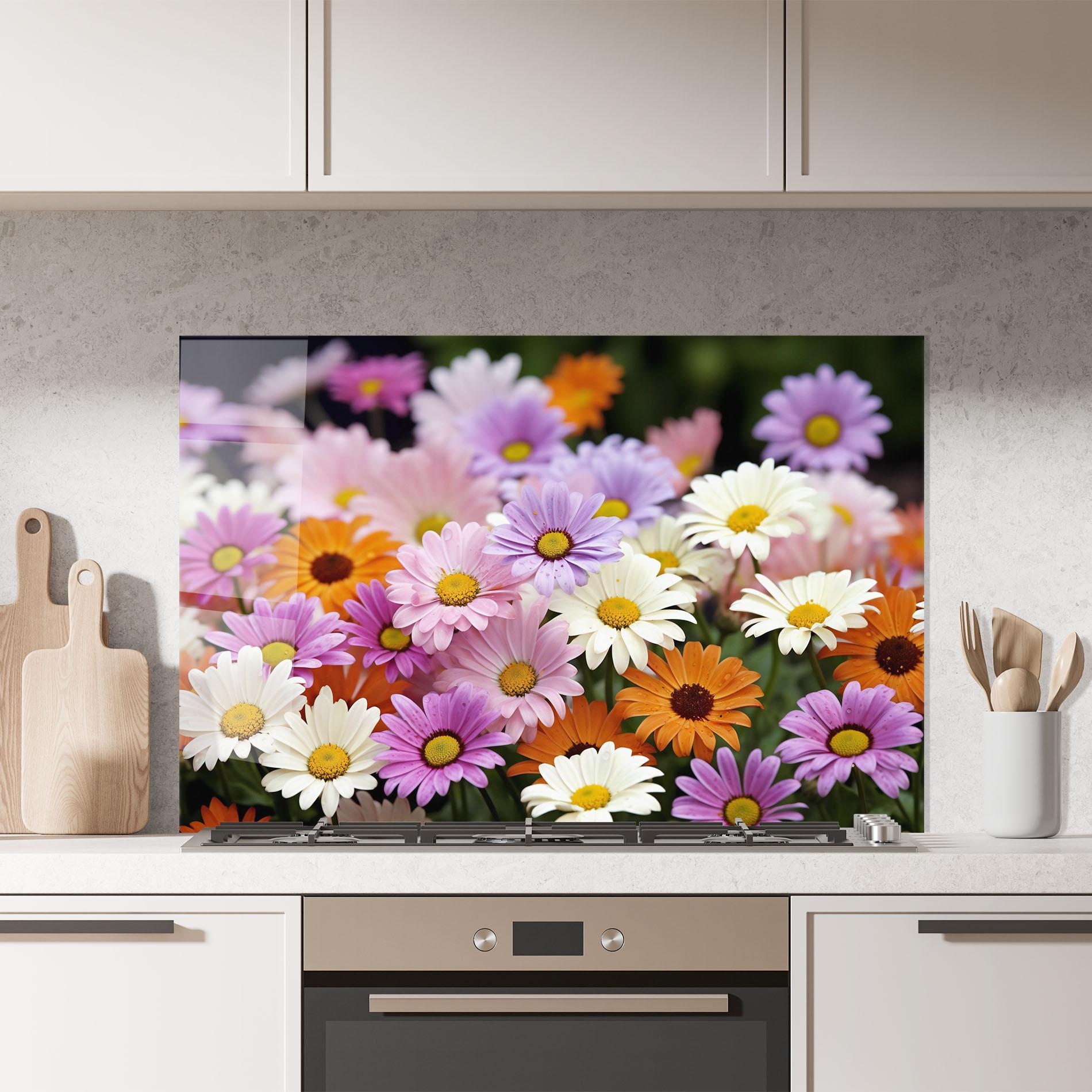 Стъклен панел за кухня Orange Purple Daisy Mix mockup 7