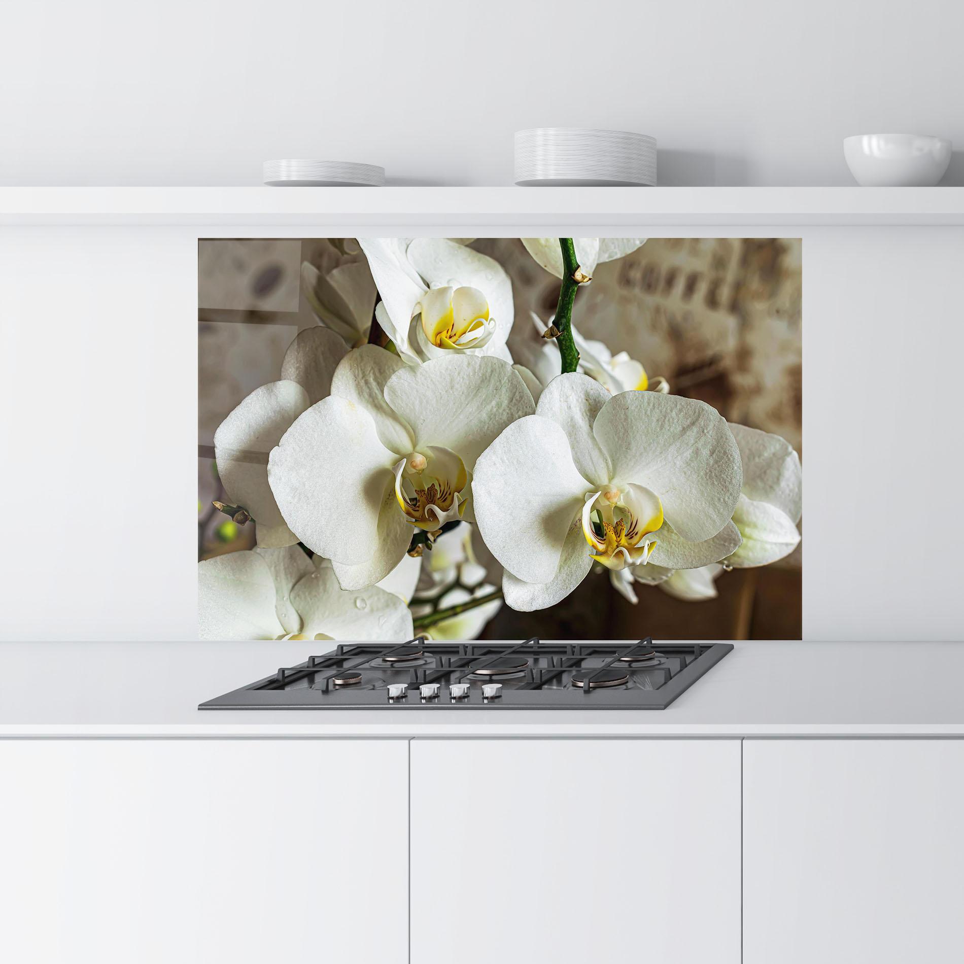 Стъклен панел за кухня Beautiful White Orchids mockup 9