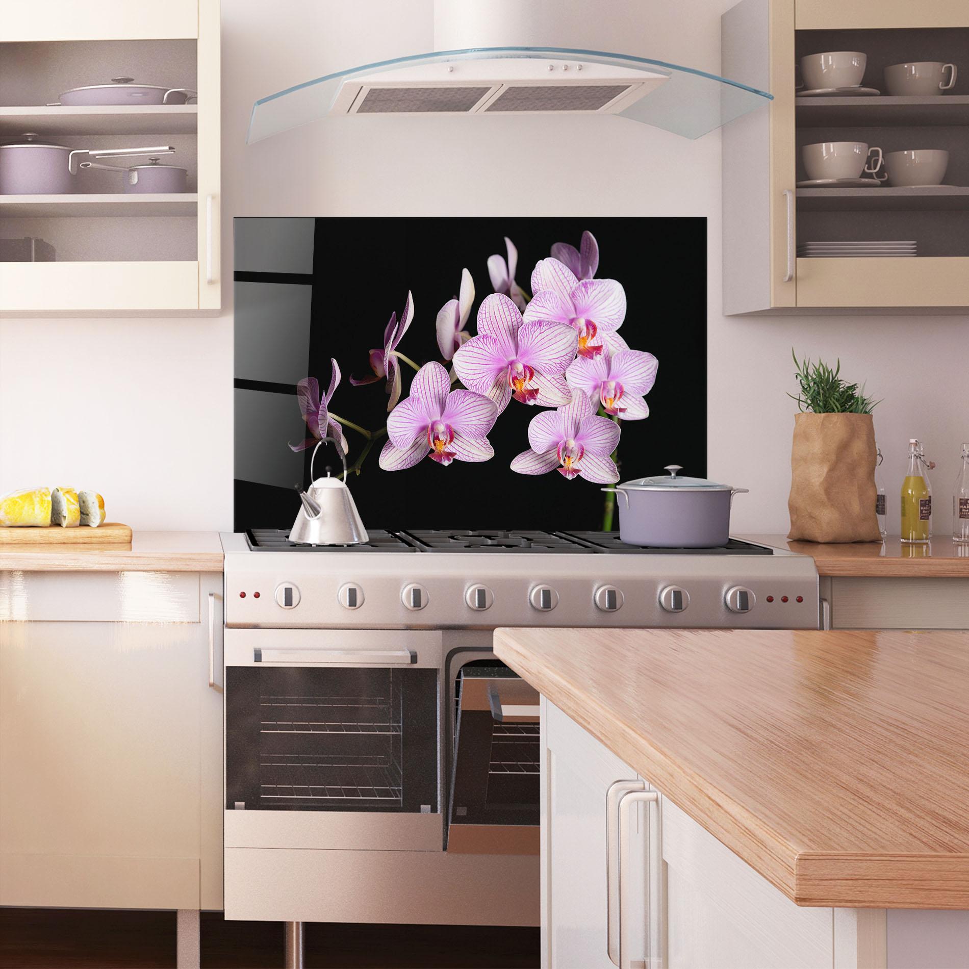 Стъклен панел за кухня Beautiful Orchids On Black mockup 1