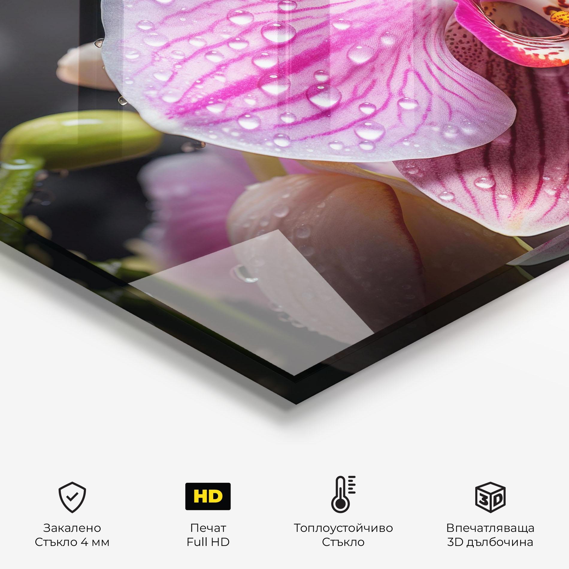 Стъклен панел за кухня Pretty Orchid After Rain mockup 2