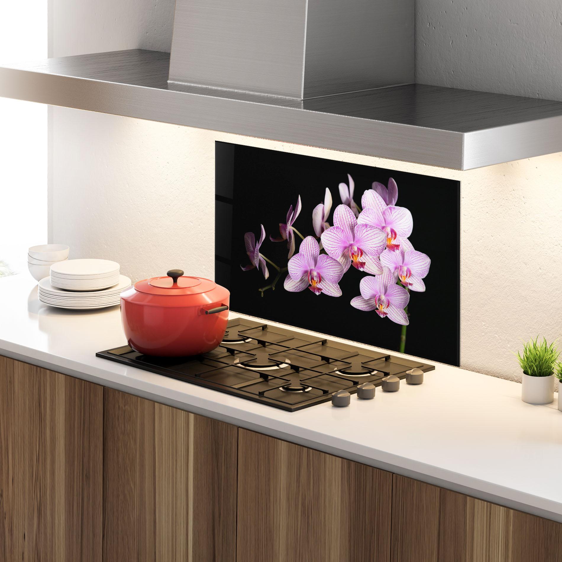 Стъклен панел за кухня Beautiful Orchids On Black mockup 4