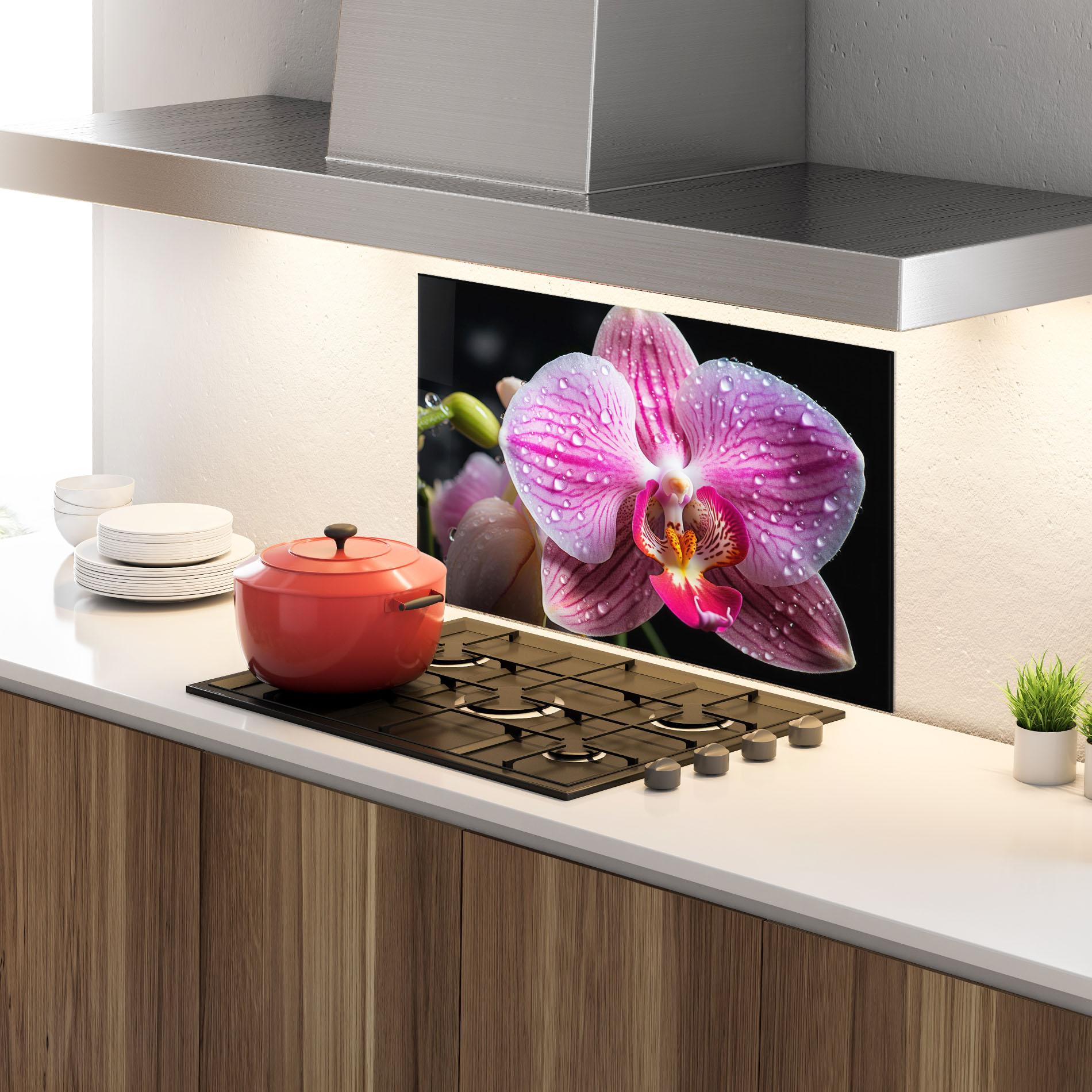 Стъклен панел за кухня Pretty Orchid After Rain mockup 4