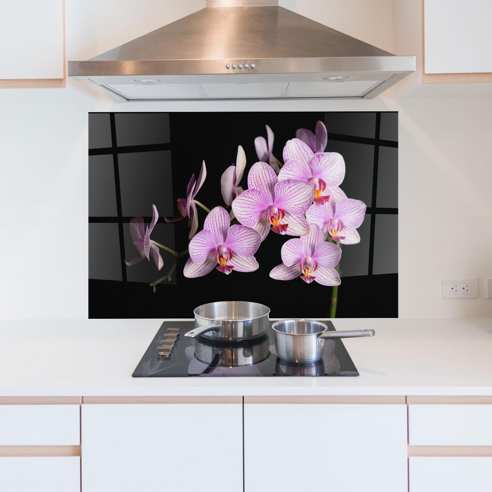 Стъклен панел за кухня Beautiful Orchids On Black mockup 5