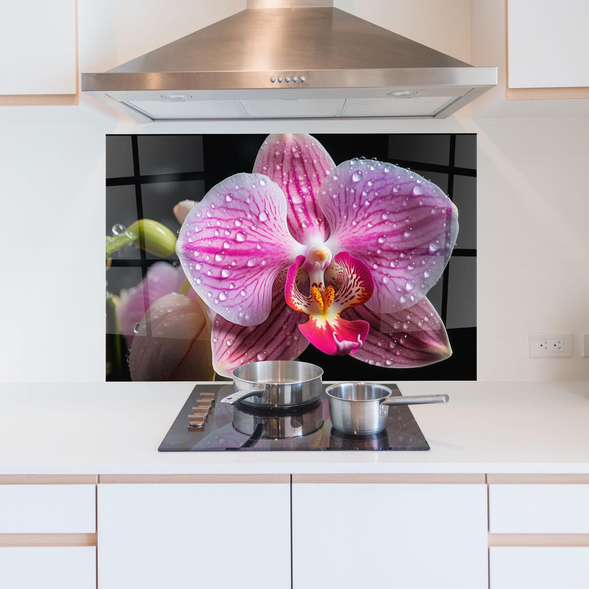 Стъклен панел за кухня Pretty Orchid After Rain mockup 5
