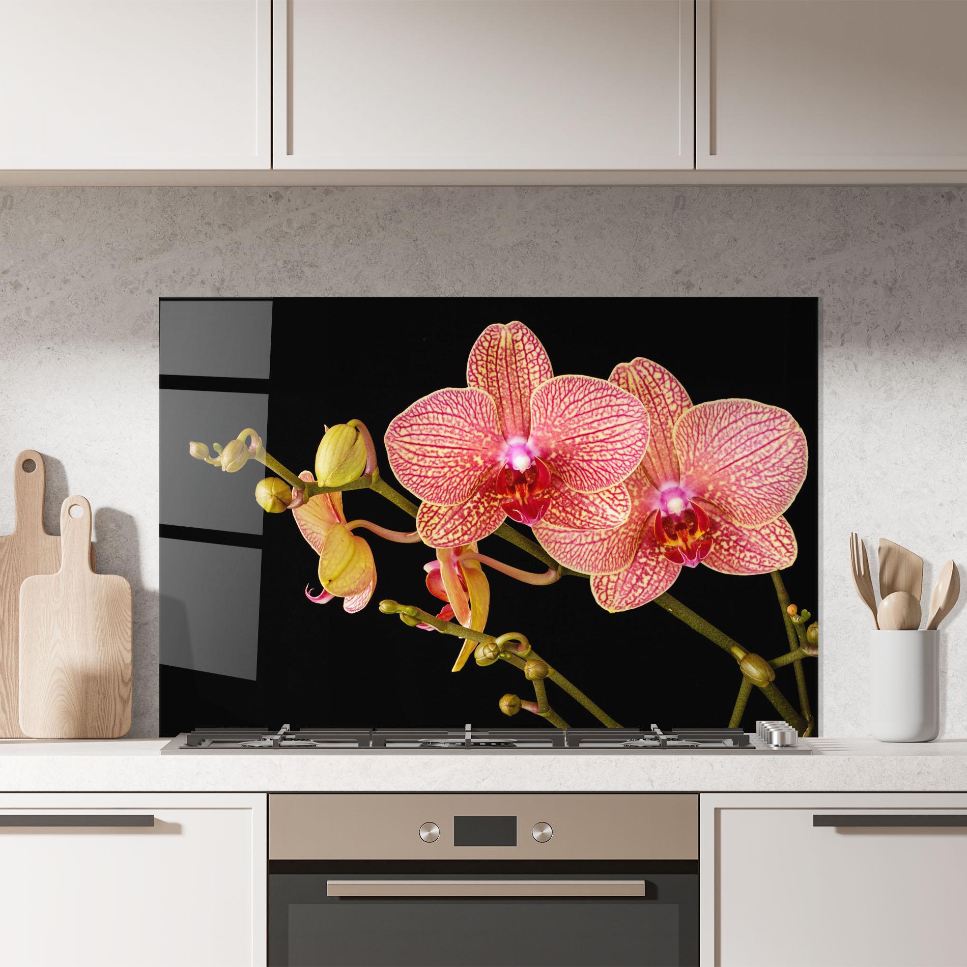 Стъклен панел за кухня Pink Orchids On Black mockup 7