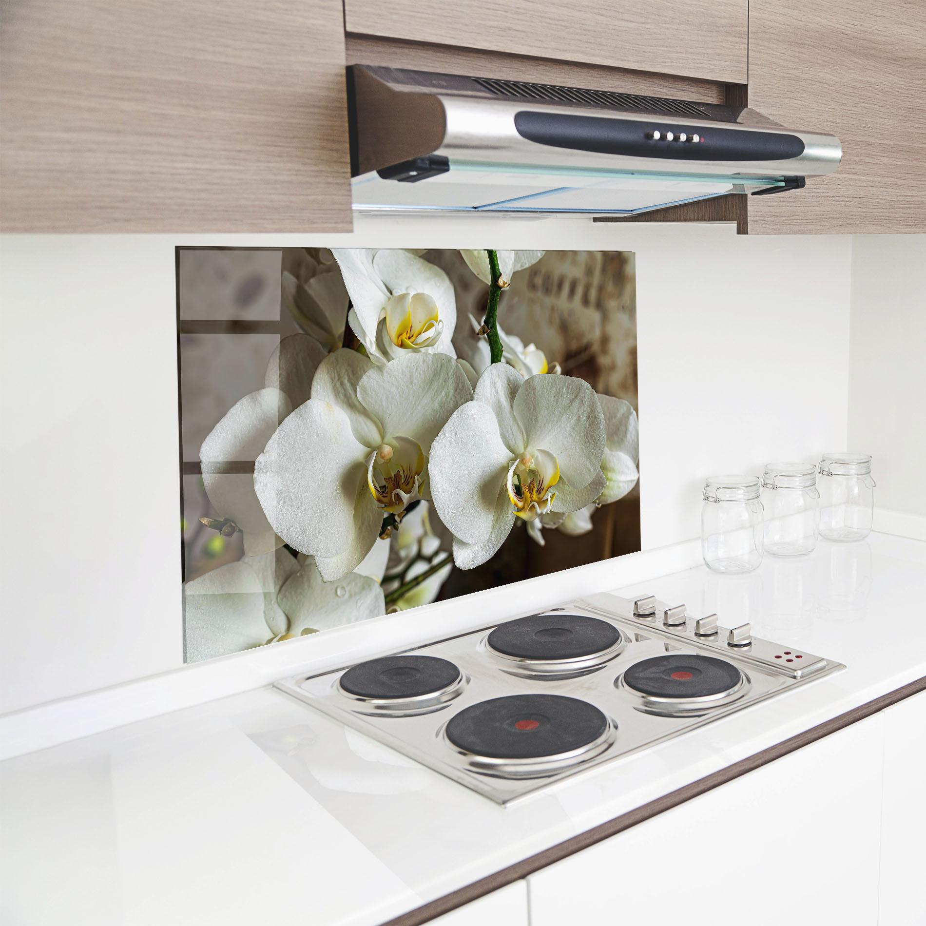 Стъклен панел за кухня Beautiful White Orchids mockup 8