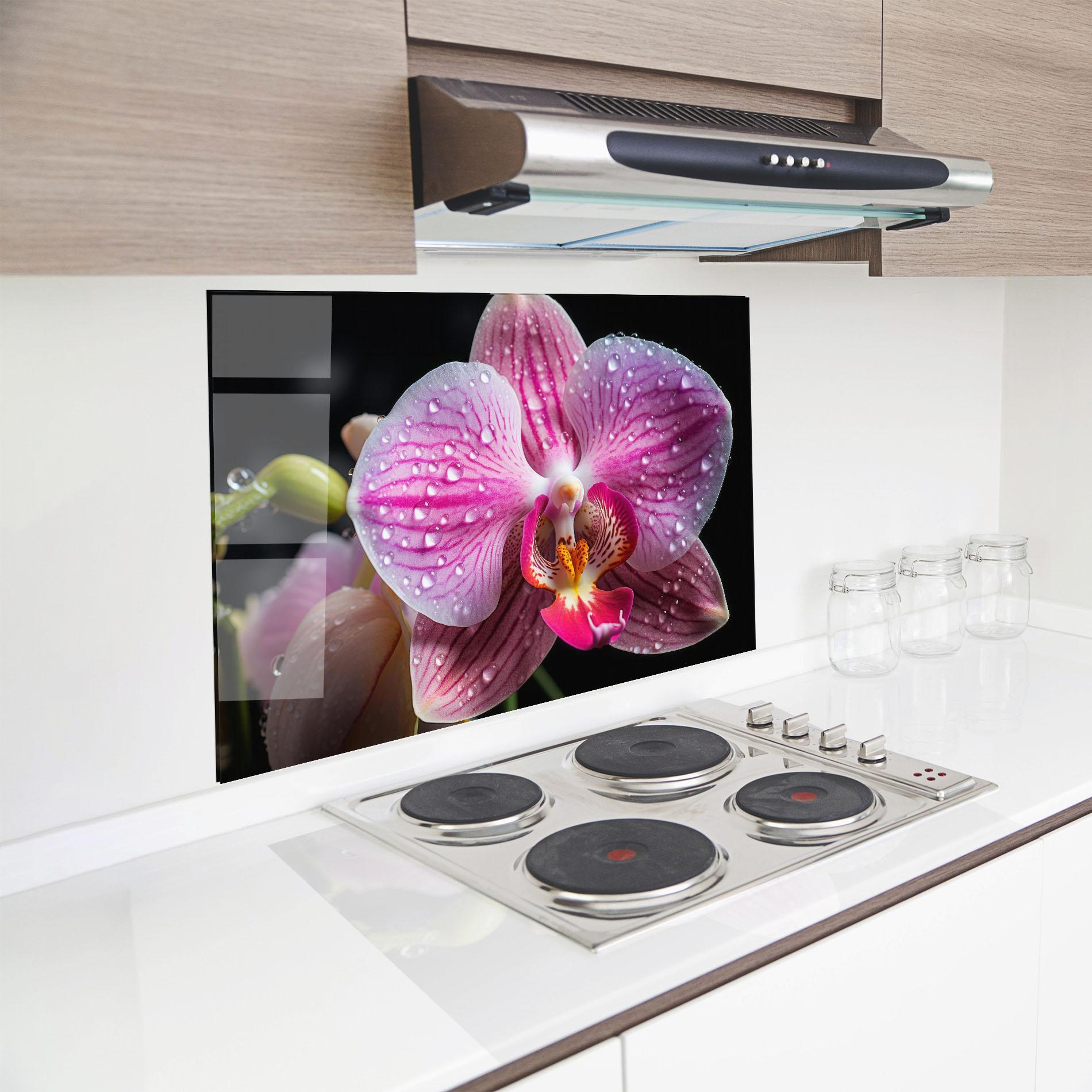 Стъклен панел за кухня Pretty Orchid After Rain mockup 8