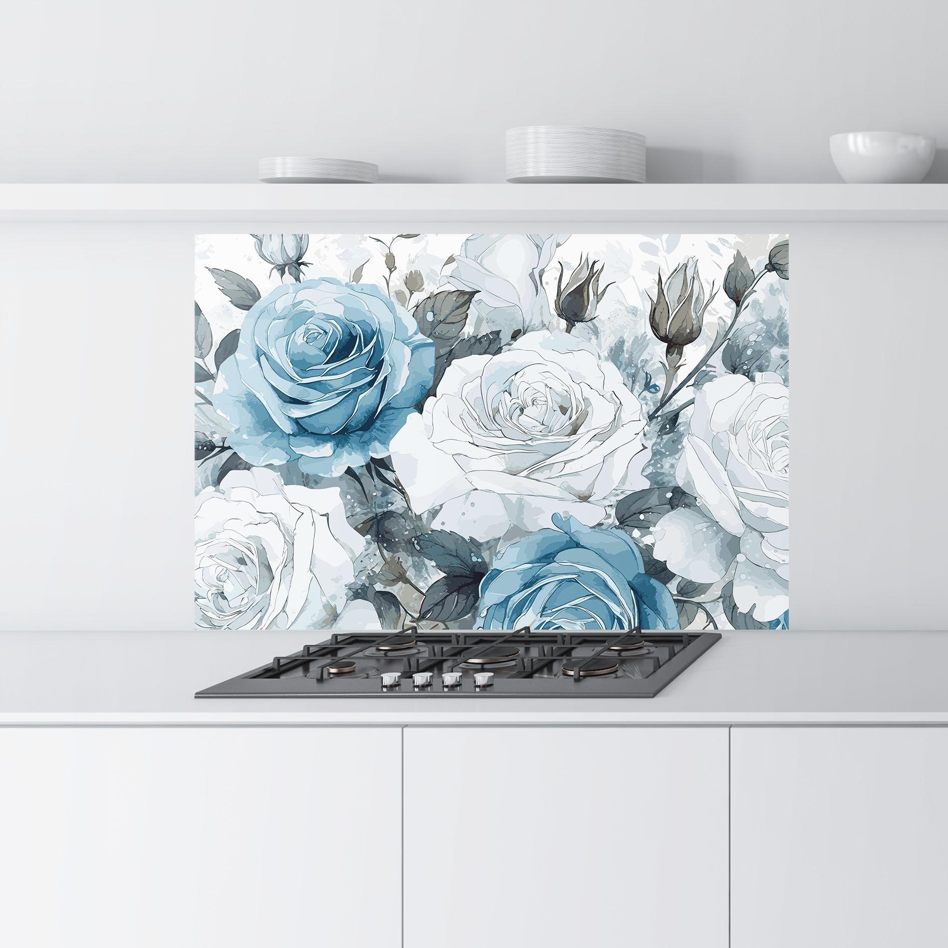 Стъклен панел за кухня Blue White Rose mockup 9