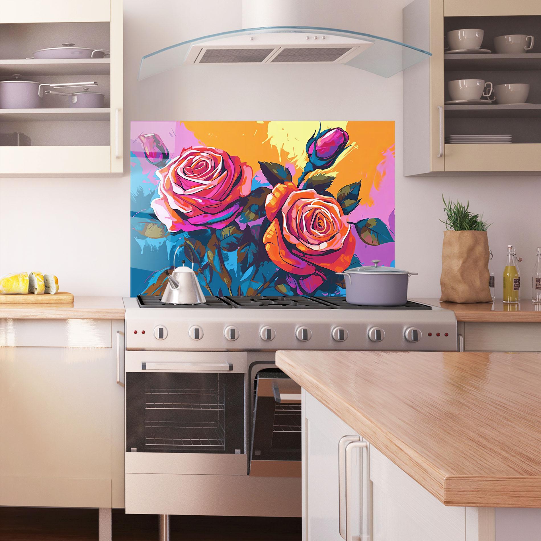 Стъклен панел за кухня Blue Orange Rose mockup 1