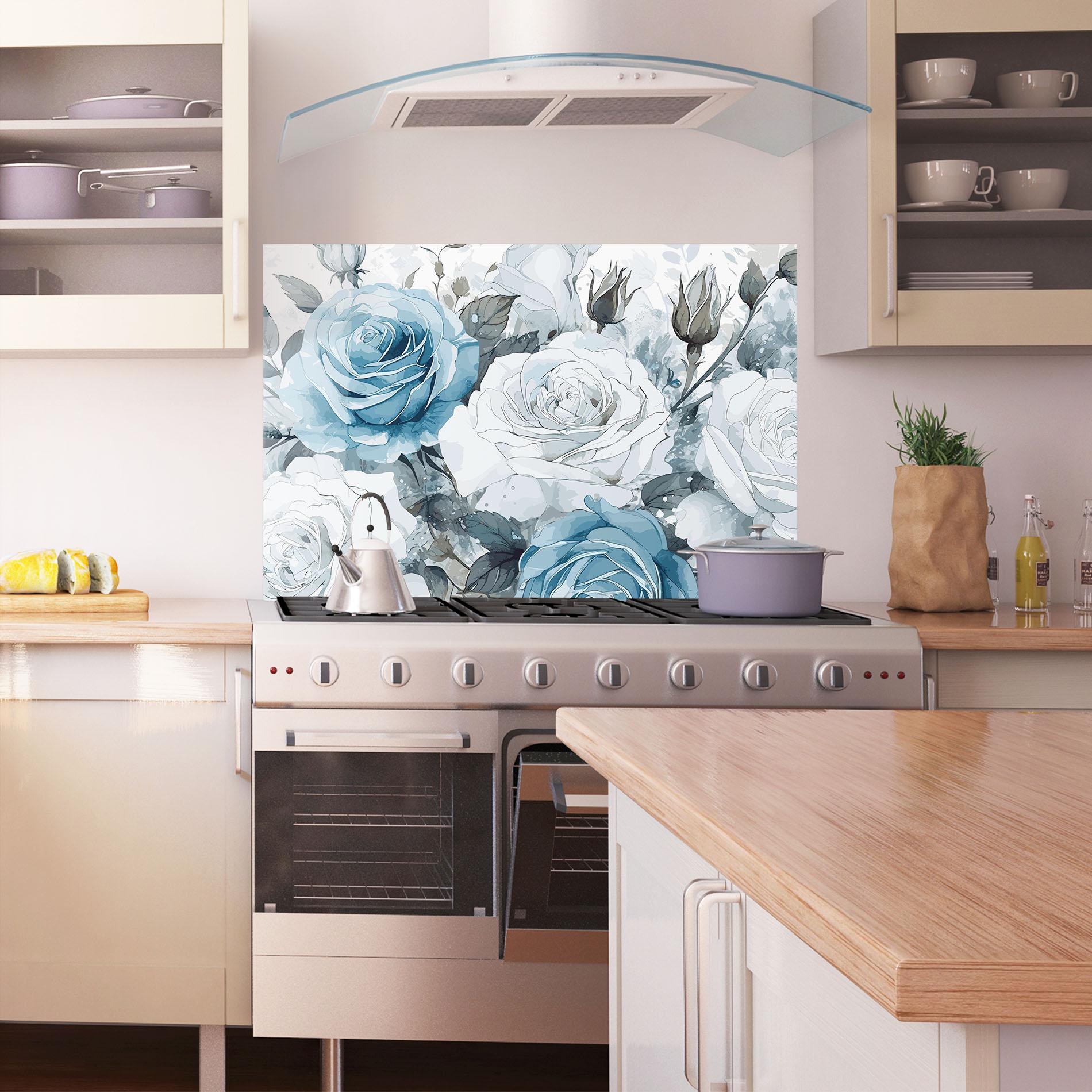 Стъклен панел за кухня Blue White Rose mockup 1