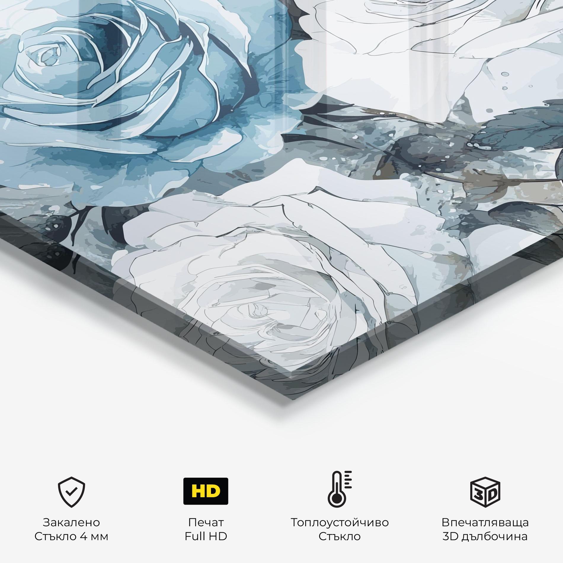 Стъклен панел за кухня Blue White Rose mockup 2