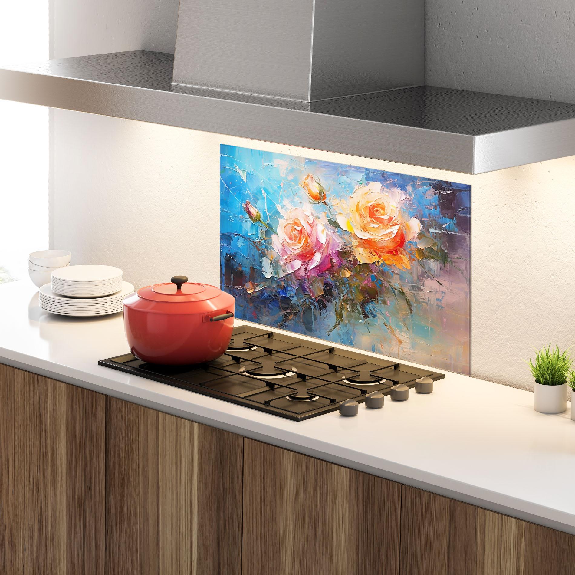 Стъклен панел за кухня Light Orange Rose Painting mockup 4